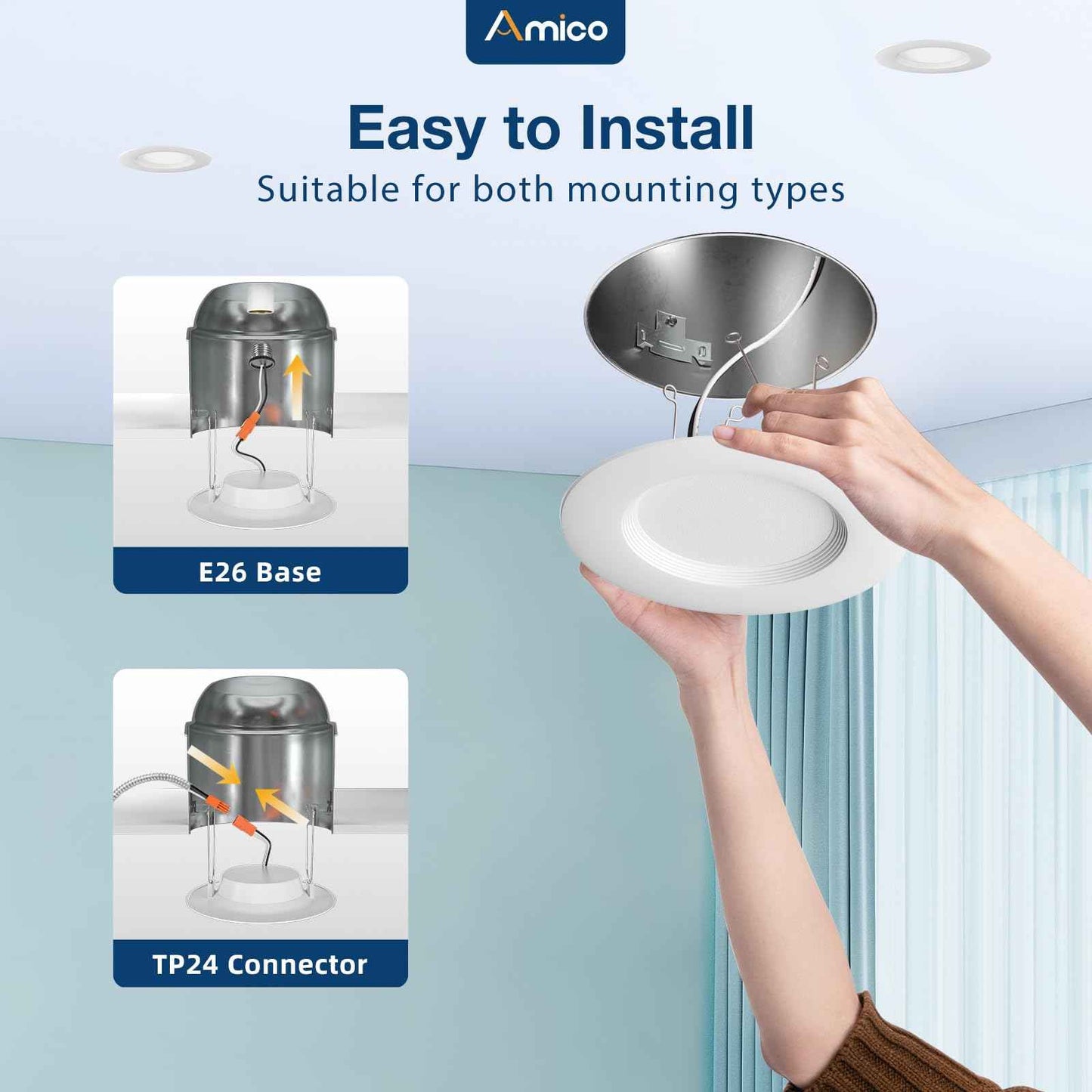 Amico 5/6 inch 5CCT LED Recessed Lighting 12 Pack, Dimmable, Damp Rated, 12.5W=100W, Can Lights with Baffle Trim, Retrofit Installation, ETL&FCC, White