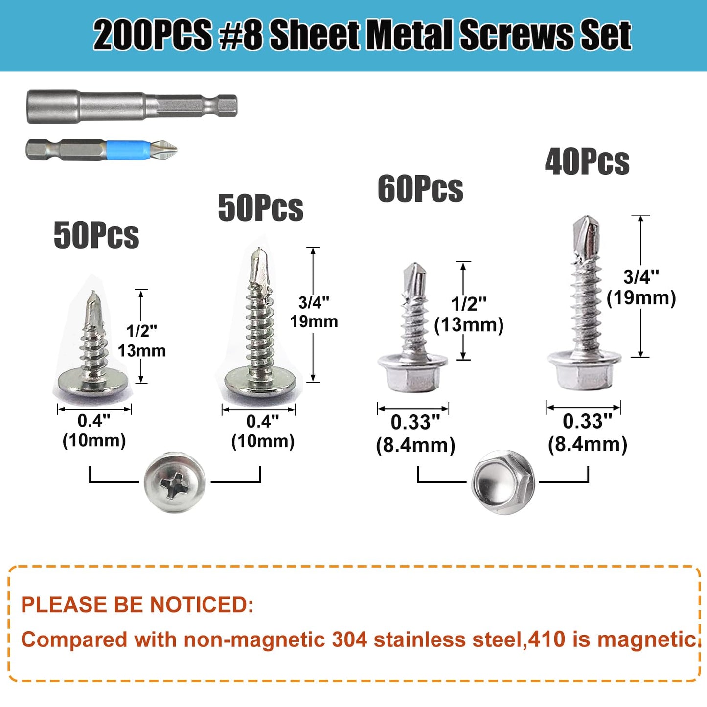 QSJ 200PCS #8 Sheet Metal Screws Set 410 Stainless Steel Fast Self Tapping Screws with Screwdriver Bit Silver