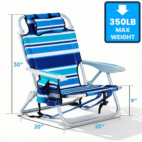 Canpsky Portable Beach Chair for Adults, Outdoor Camping Chair Lay Flat Folding Backpack Beach Reclining Chair with 5 Positions, Headrest, Cup Holder, Heavy Blue Striped