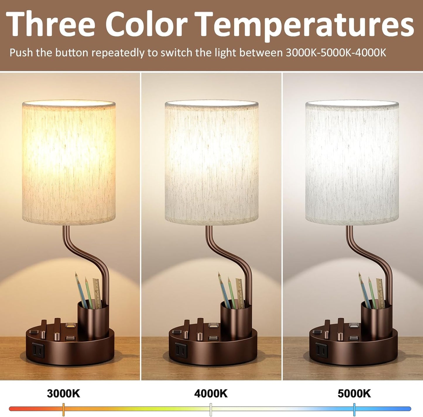 Set of 2 Bedside Table Lamps with USB & AC Outlet - 3 Color Temperatures, Desk Light & Phone Stand for Bedroom, Living Room, Office