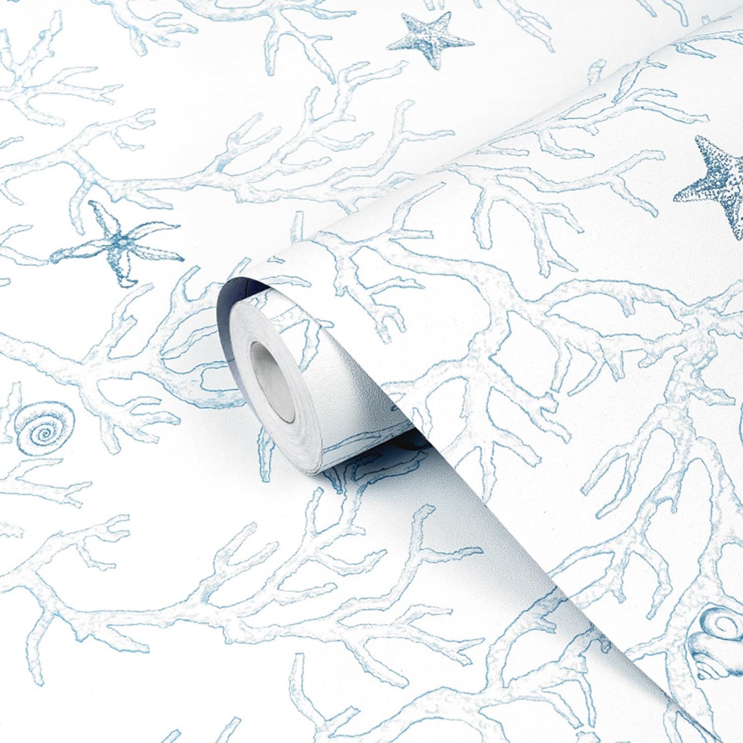 Akywall Ocean Wallpaper Peel and Stick White and Blue Contact Paper Textured Sea Coral Starfish Shells Self Adhesive Vinyl Roll Stick on Wallcovering Cute for Home Decor 118in
