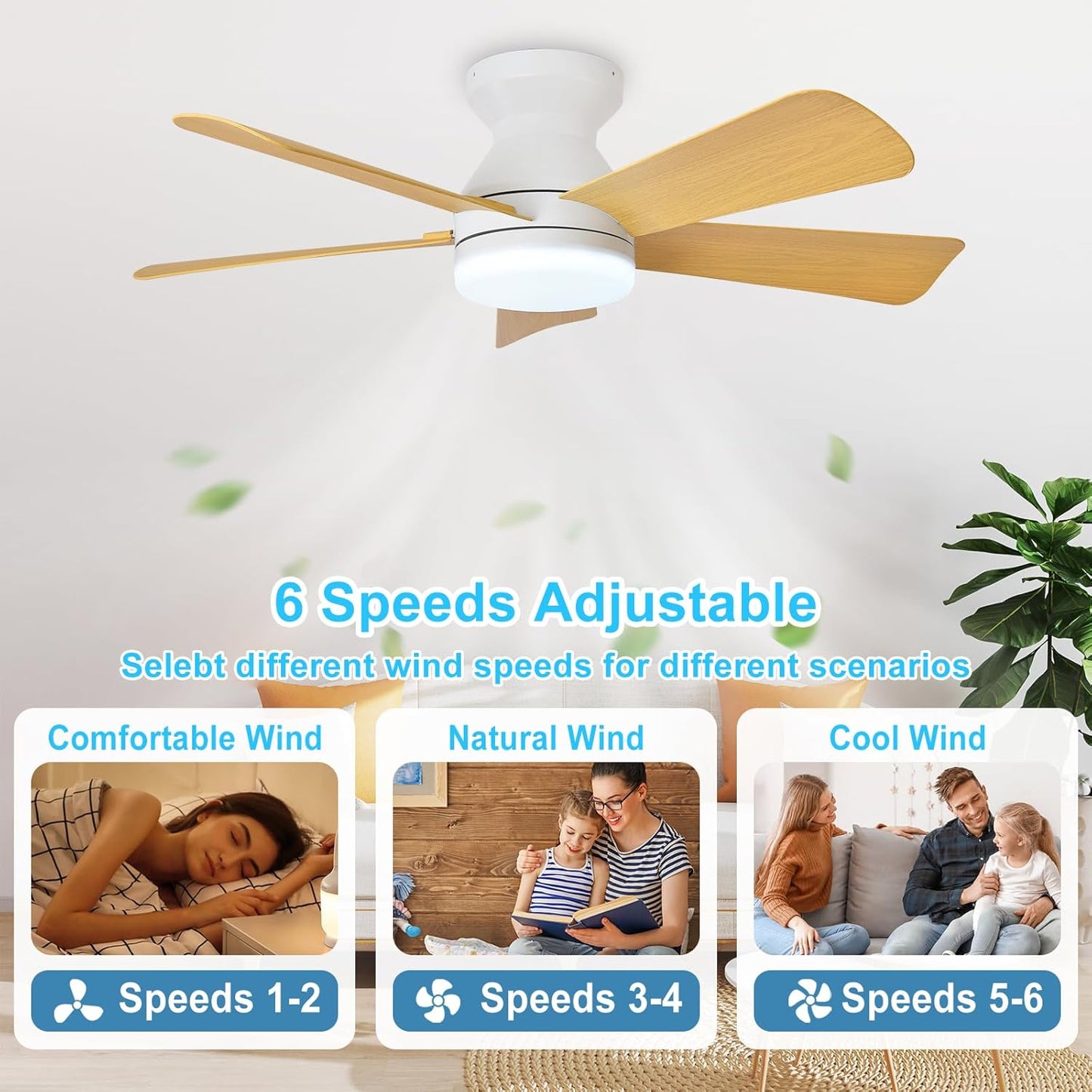 42-Inch Modern Black Ceiling Fan with Light & Remote - Dimmable Low Profile, 5 Reversible Walnut Blades, 6 Speeds for Indoor/Outdoor Use