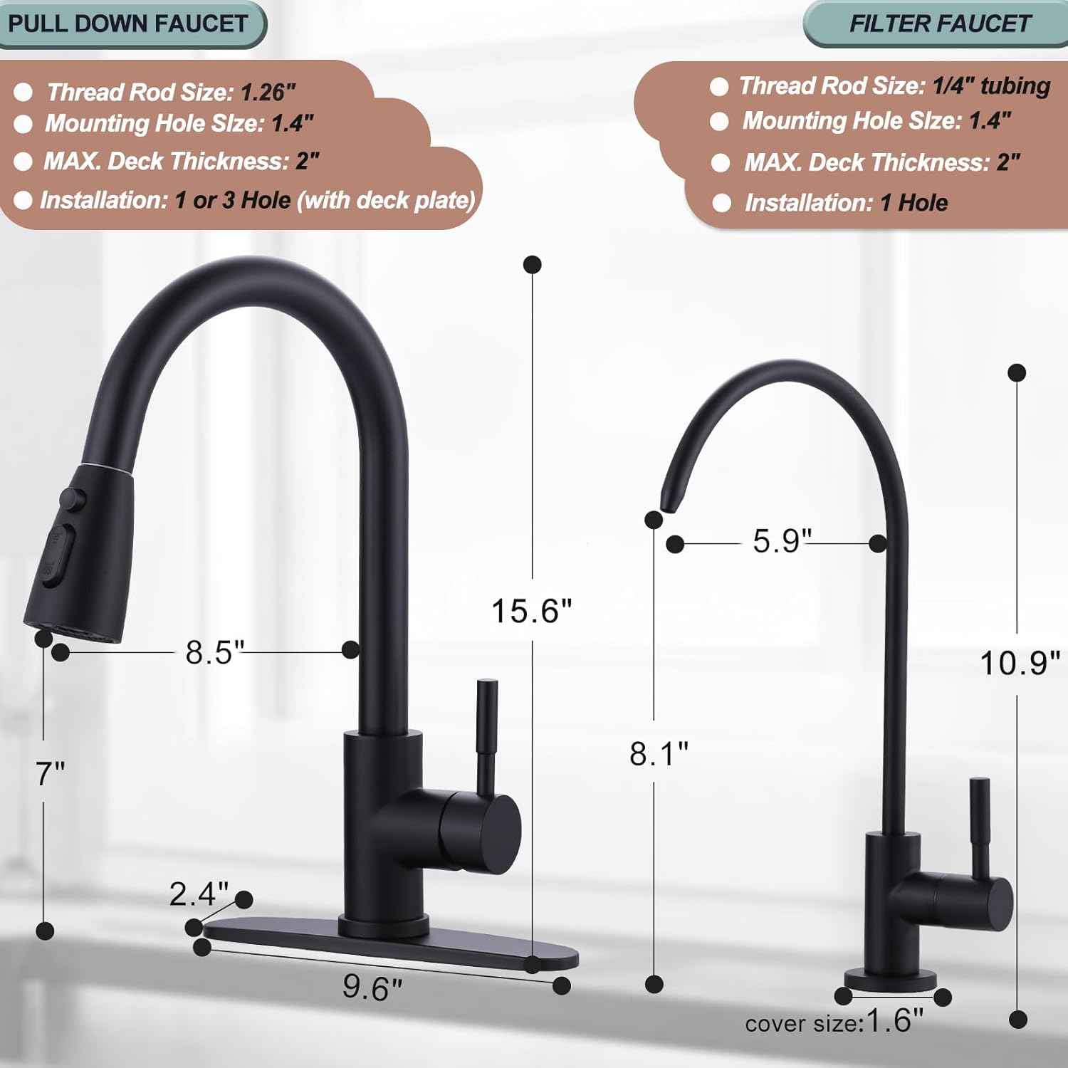 Stainless Steel Kitchen Faucet Combo with Water Filter - Brushed Nickel Sink Faucet for RO Systems