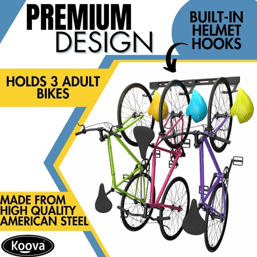 Koova USA-Made Garage Wall Mount Bike Rack for 2, 3 or 6 Bicycles | Wide Hooks Fit Regular and Fat Tire Bikes | Includes Helmet Storage | Easy to Install | Powder Coated Black Metal