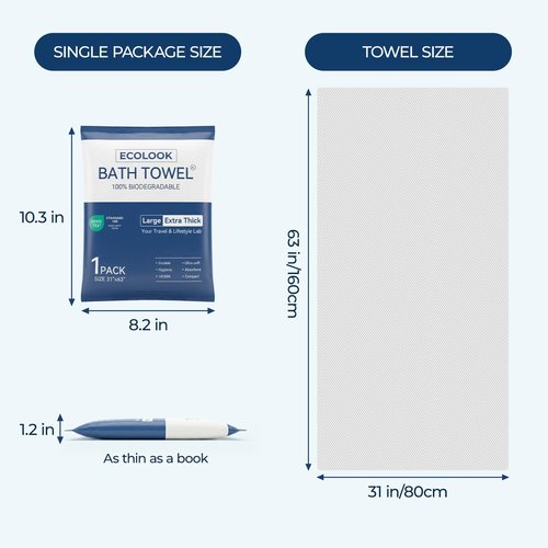 ecolook Disposable Bath Towels for Travel, 6-Pack Extra Large 31"x63", 100GSM Plant Fiber, Dual Texture Soft & Quick-Drying Disposable Towels for Hotel Camping Beach Swimming Gym Sauna Spa