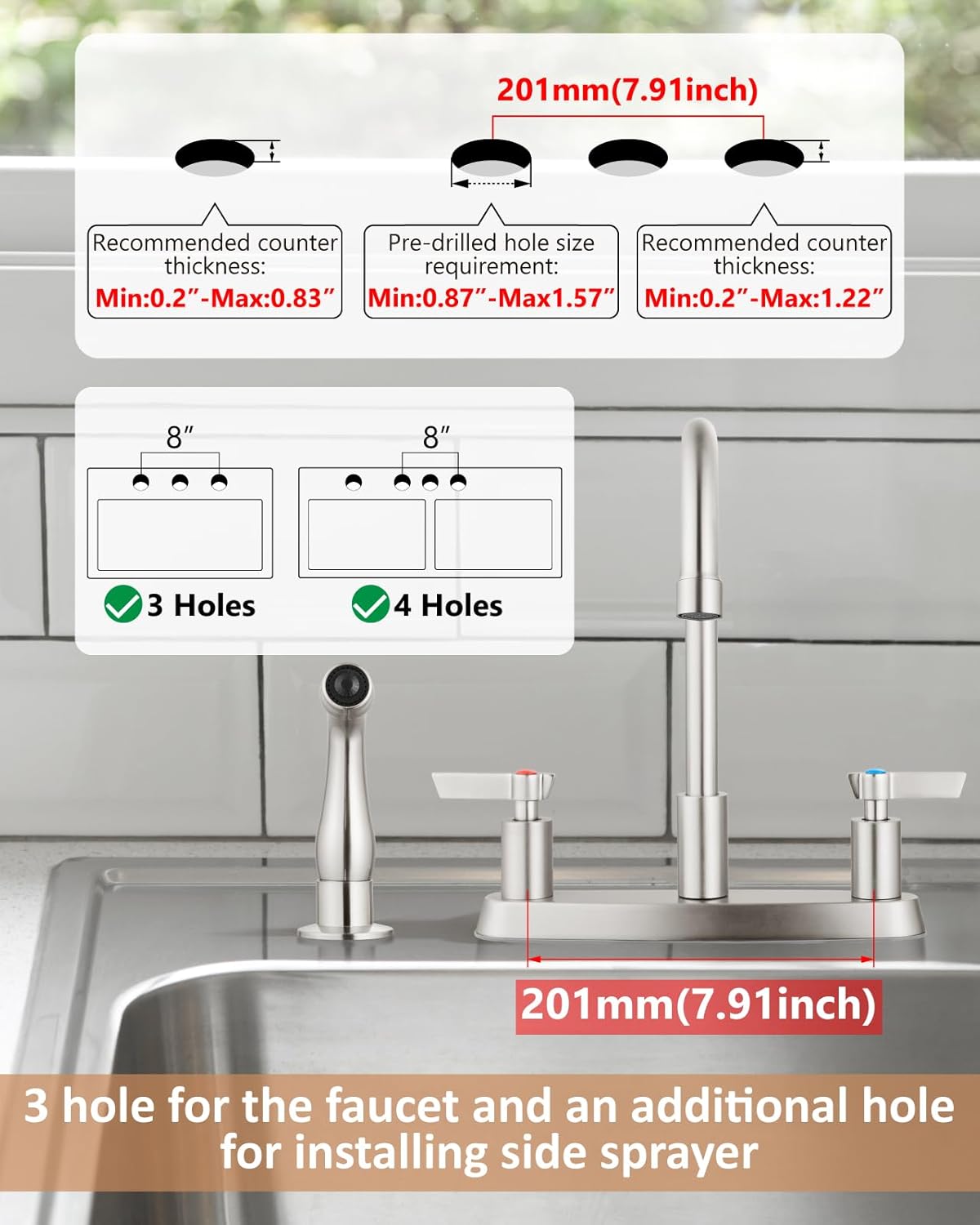 Brushed Nickel Kitchen Faucet with Sprayer - 2 Handle 8-Inch Centerset 3 Hole
