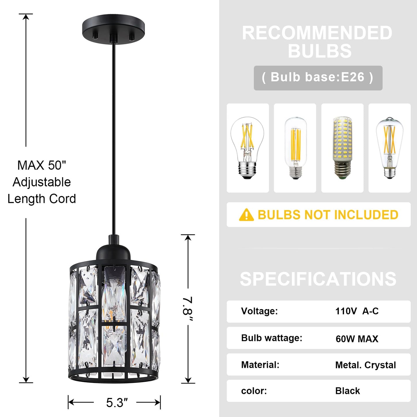 2 Pack 1 Light 5.3" Crystal Hanging Kitchen Island Pendant Light Black Finish,Concise Pendant Fixture Crystal Plate Metal Shade for Bar,Dining Room,Living Room Over Sink