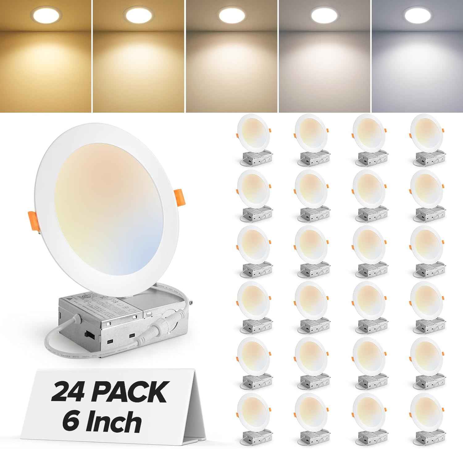 Ultra-Thin 12 Pack 6-Inch Dimmable LED Recessed Lighting - 5CCT Selectable, 1050LM, ETL