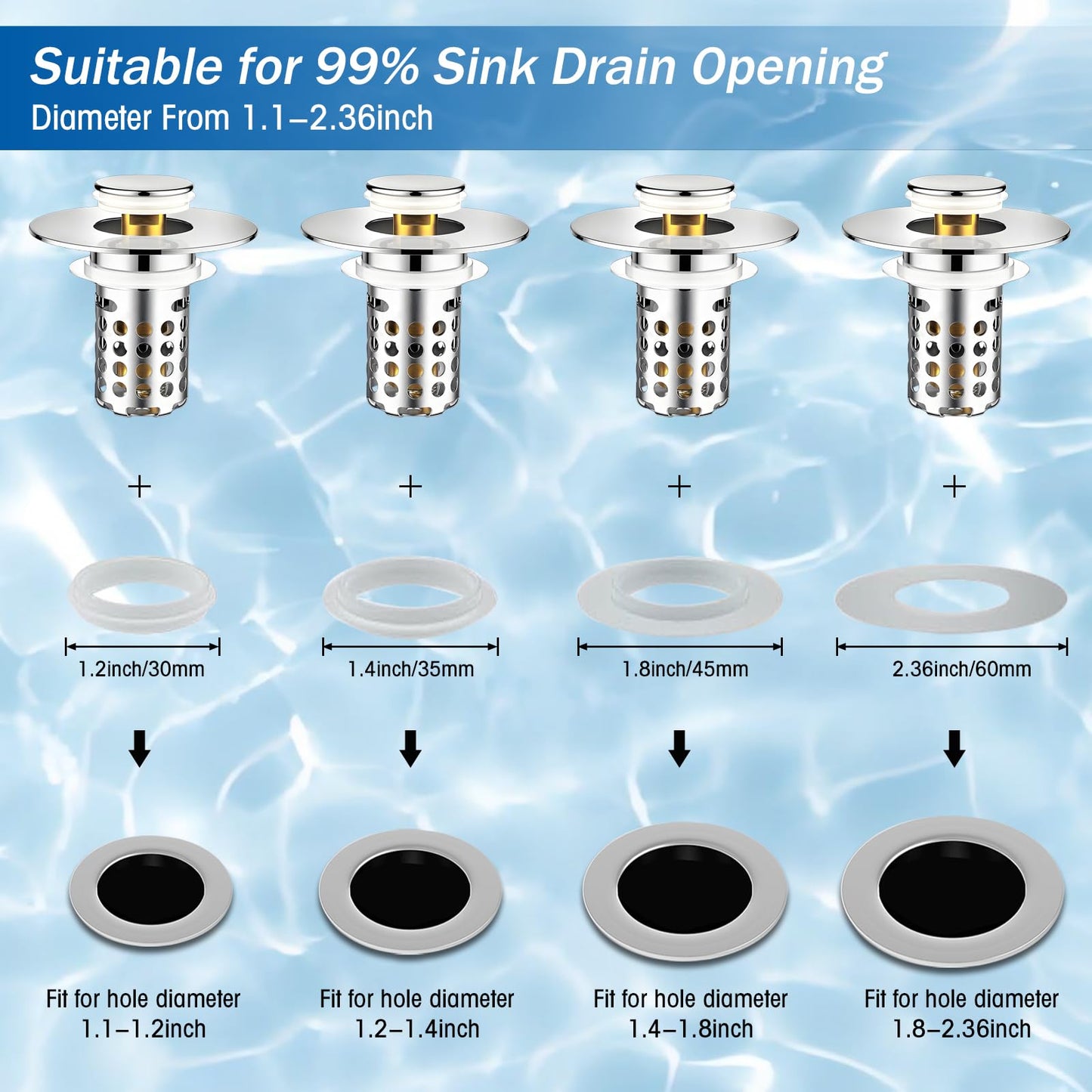 Universal Bathroom Sink Stopper, Pop Up Sink Drain Strainer Plug with Removable Stainless Steel Filter Basket Hair Catcher, Bathroom Bathtub Drain Stopper for 1.1-2.36 Inch Basin(1PACK)