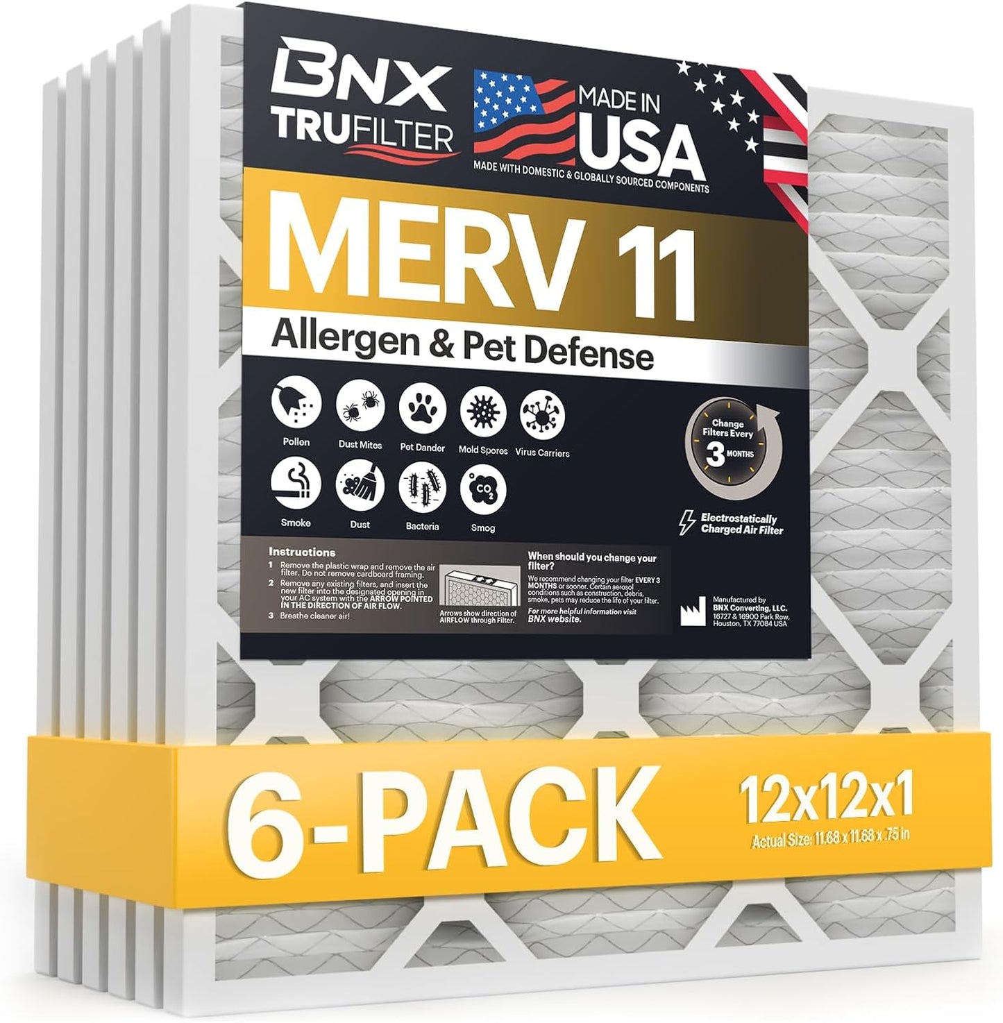 BNX TruFilter 12x12x1 MERV 8 Air Filters (6-Pack) - USA-Made Dust & Pet Defense for HVAC