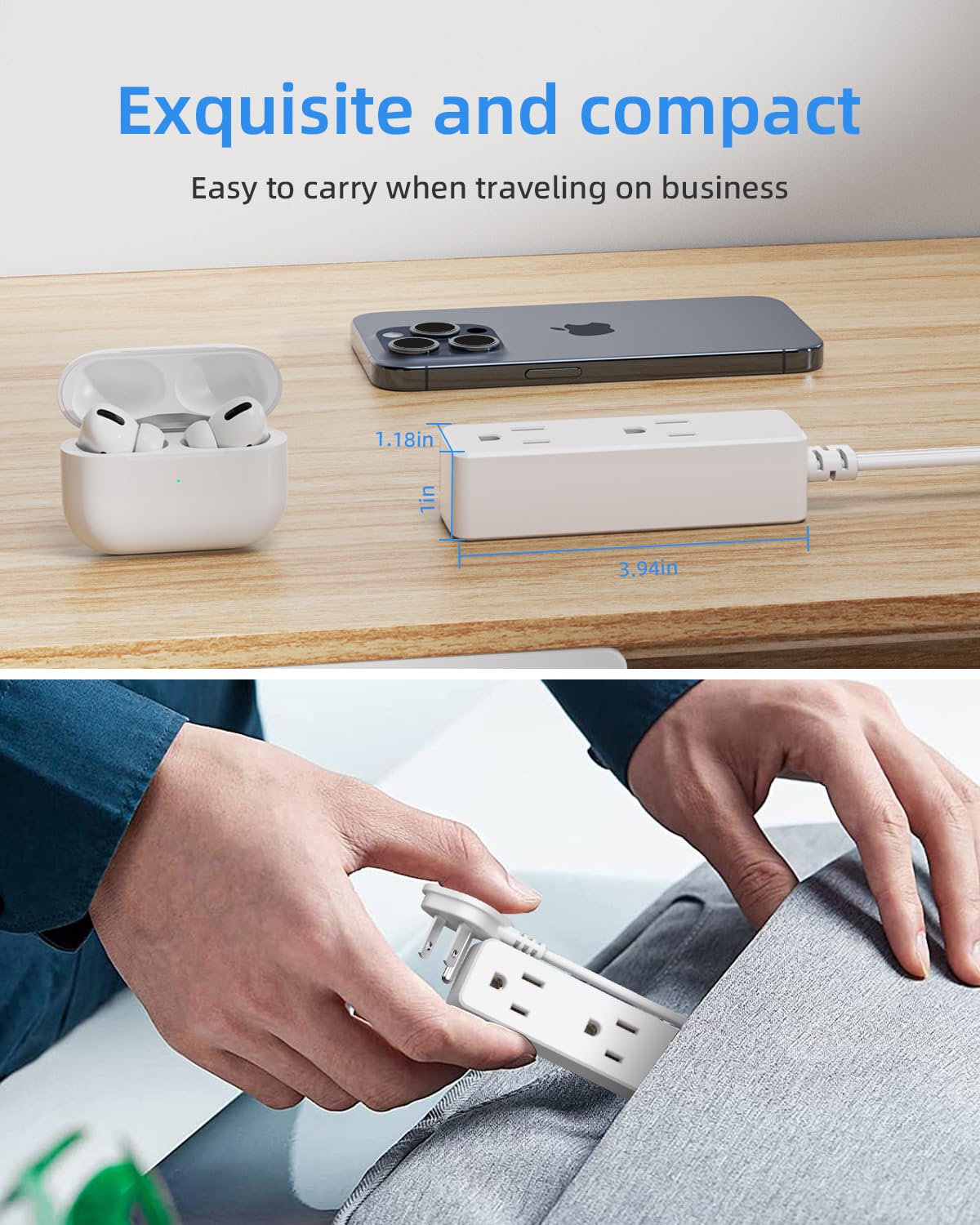 Flat Plug Extension Cord with 3 Outlets - 6 ft White Low Profile Indoor 3 Prong Grounded Power Strip for Home Office & Travel - 16/3 AWG, 13A/1625W