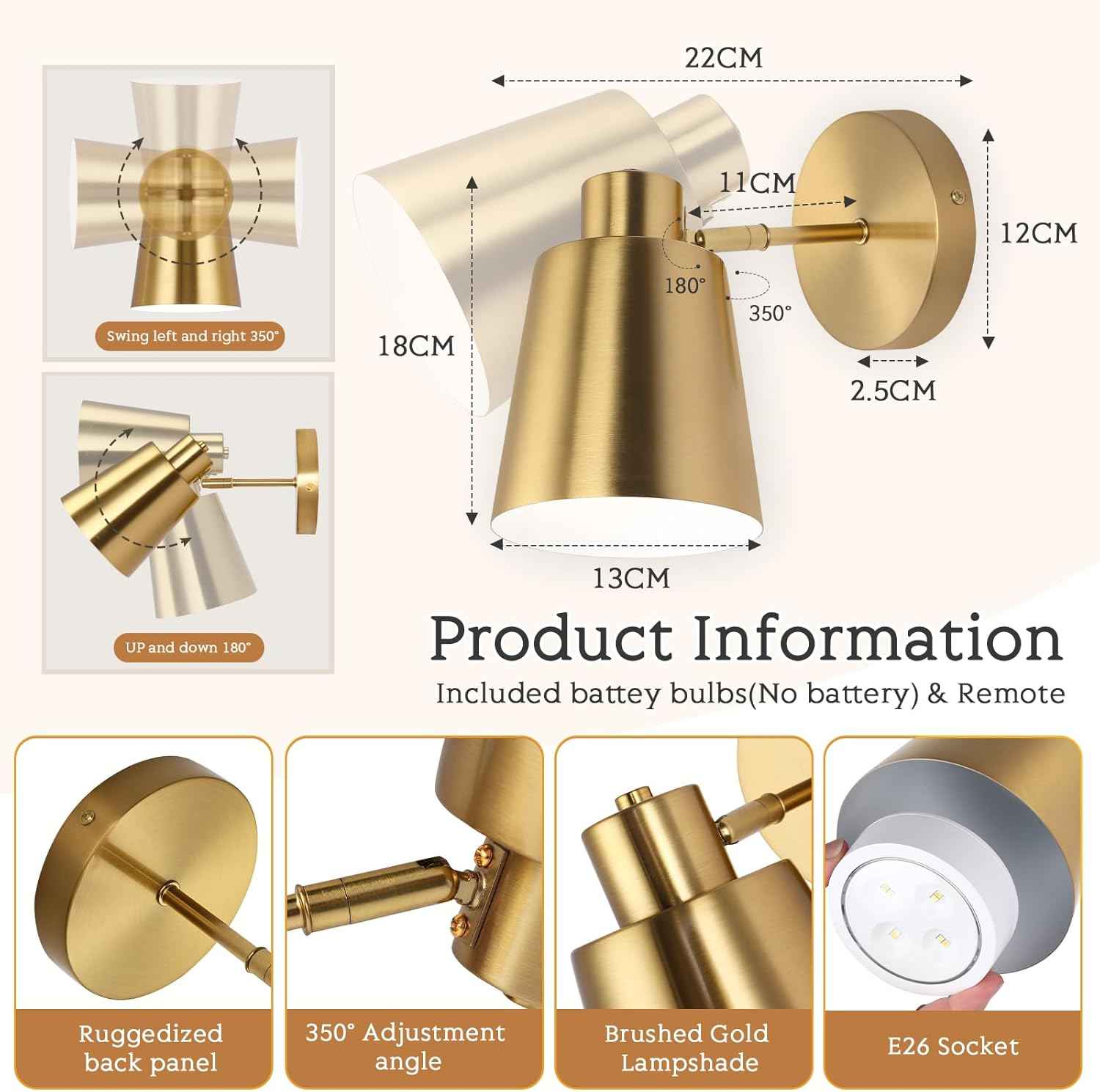 Battery Operated Wall Sconce Set of 2 - Modern Wireless Vintage Black & Gold Lamps with Remote Control for Living Room & Bathroom