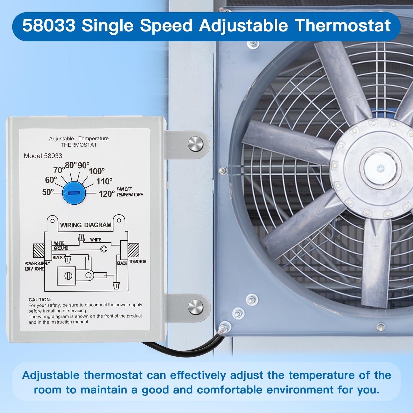 58033 Single Speed Adjustable Thermostat for Lomanco Lomancool 2000/1800 Series and F0510B2944, 9800527, 99080267 Power Vent Attic Fan, Temperature Control Range 50°F-120°F (10°C-48.89°C)