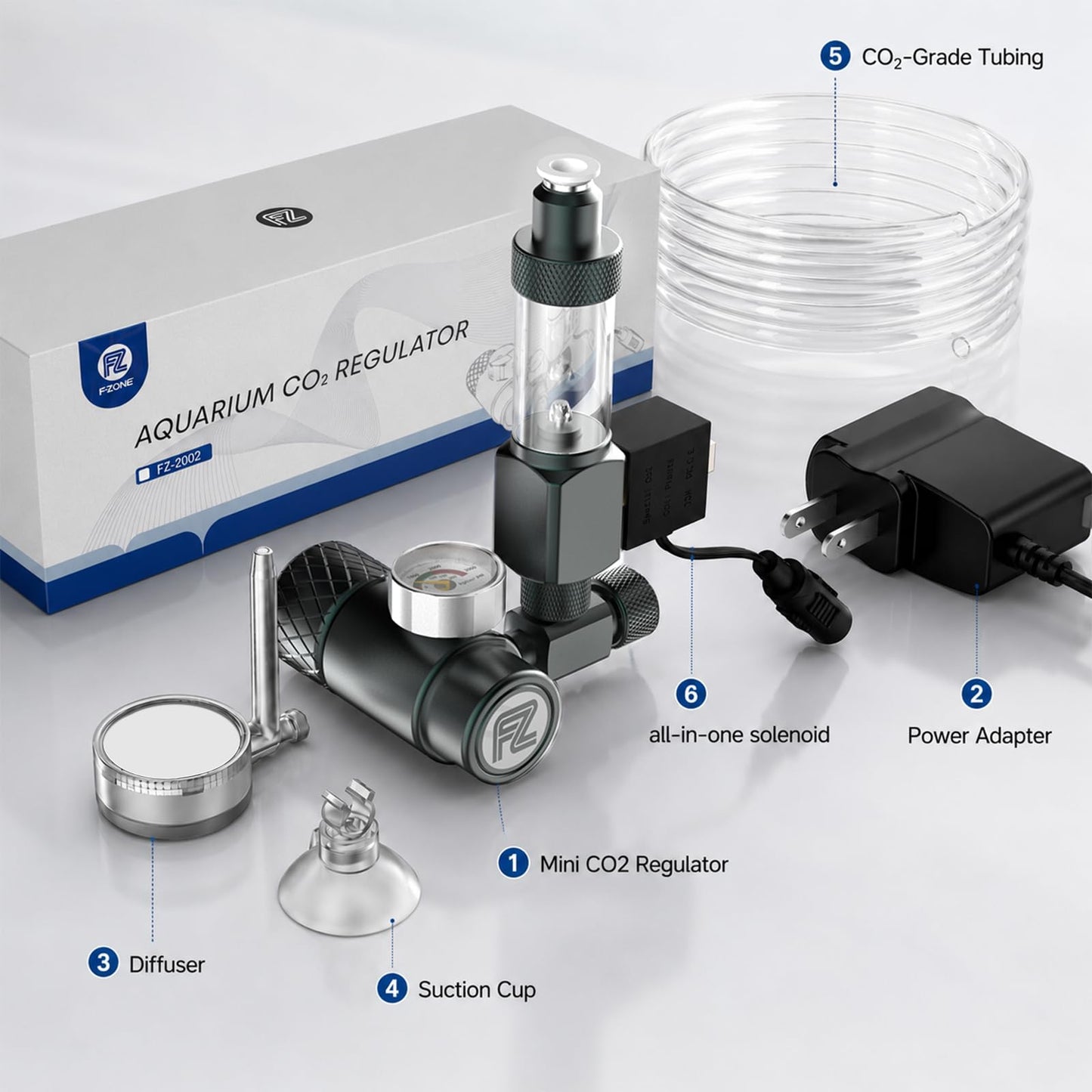 FZONE Aquarium CO₂ Regulator Kit, Compact Aquarium CO₂ System with Diffuser, Upgraded DC Solenoid and Bubble Counter Check Valve, for Establishing CO₂ System in Aquatic Plant Tank