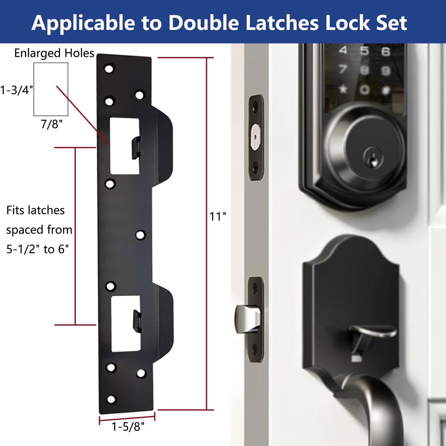 Door Strike Plate Reinforcement Plate, Front Door Strike Plate, Double Strike Plate for 5-1/2 in. Hole Centers, Heavy Duty, Front Door Security Devices Door Latch Plate (Matte Black, 1 Pack)