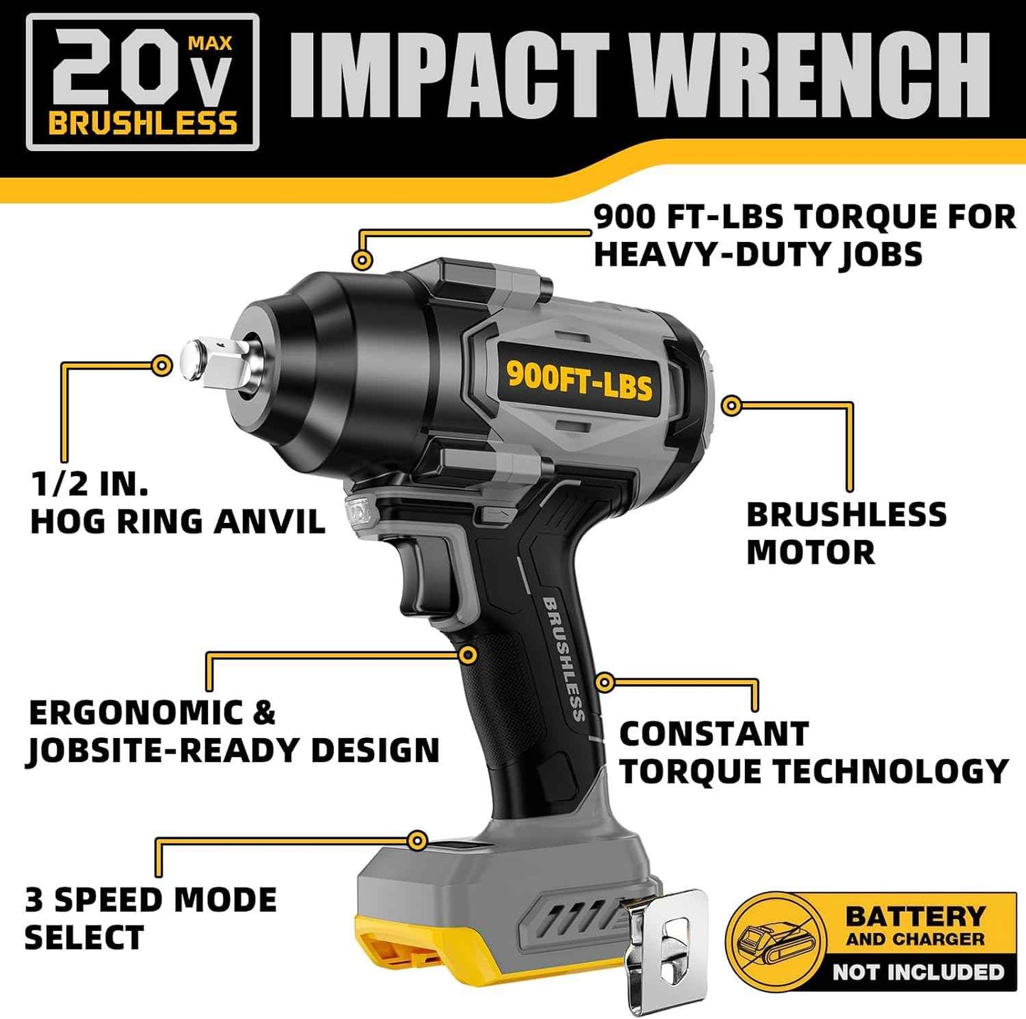 High Torque 1/2” Cordless Impact Wrench - 900 Ft-lbs Brushless, 3-Speed, DeWALT 20V MAX Compatible
