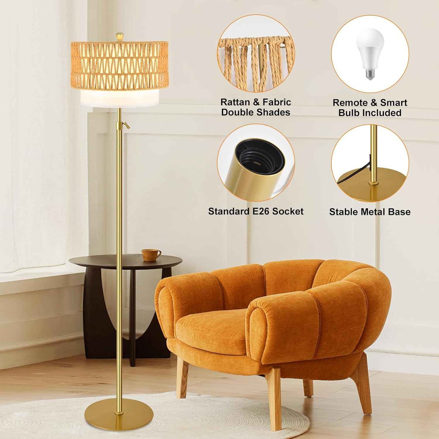 Boho Gold Floor Lamp with Remote Control | Dimmable Rattan & Wicker Design for Living Room