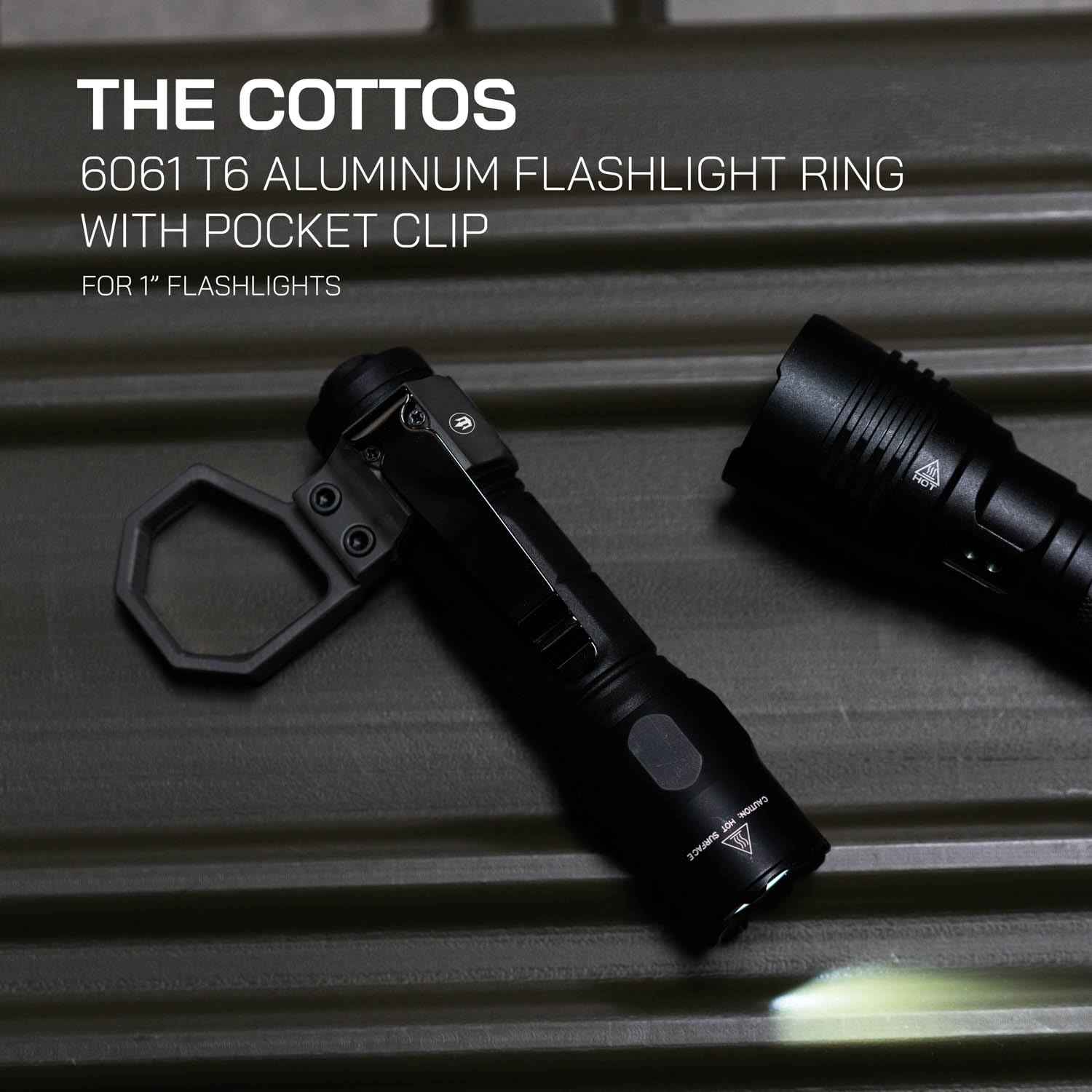 Triton Cottos 6061 T6 Aluminum Flashlight Ring for Most 1" Flashlights with Detachable Pocket Clip, Flashlight Retention Ring