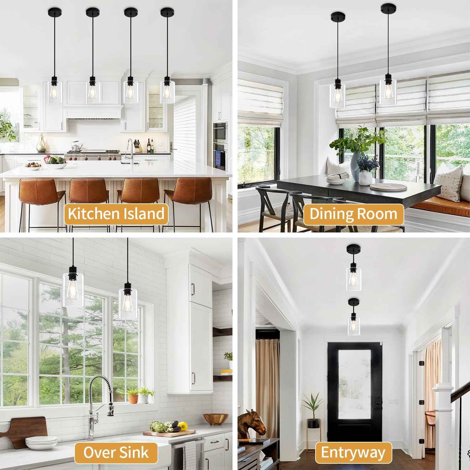 Modern Black Pendant Lights for Kitchen Island - 3 Pack Glass Hanging Fixtures