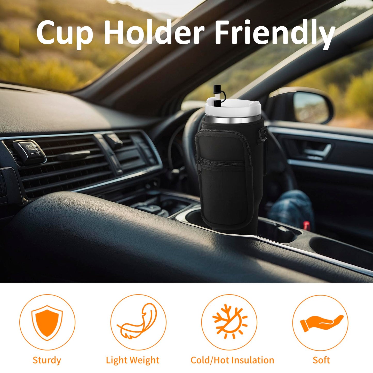 AceTreker Water Bottle Carrier Bag for Stanley 30/40oz Tumbler with Handle Simple Modern Sleeve Holder with Strap & 2 Pockets Neoprene Metal Travel Coffee Mug Carrying Accessories-Black
