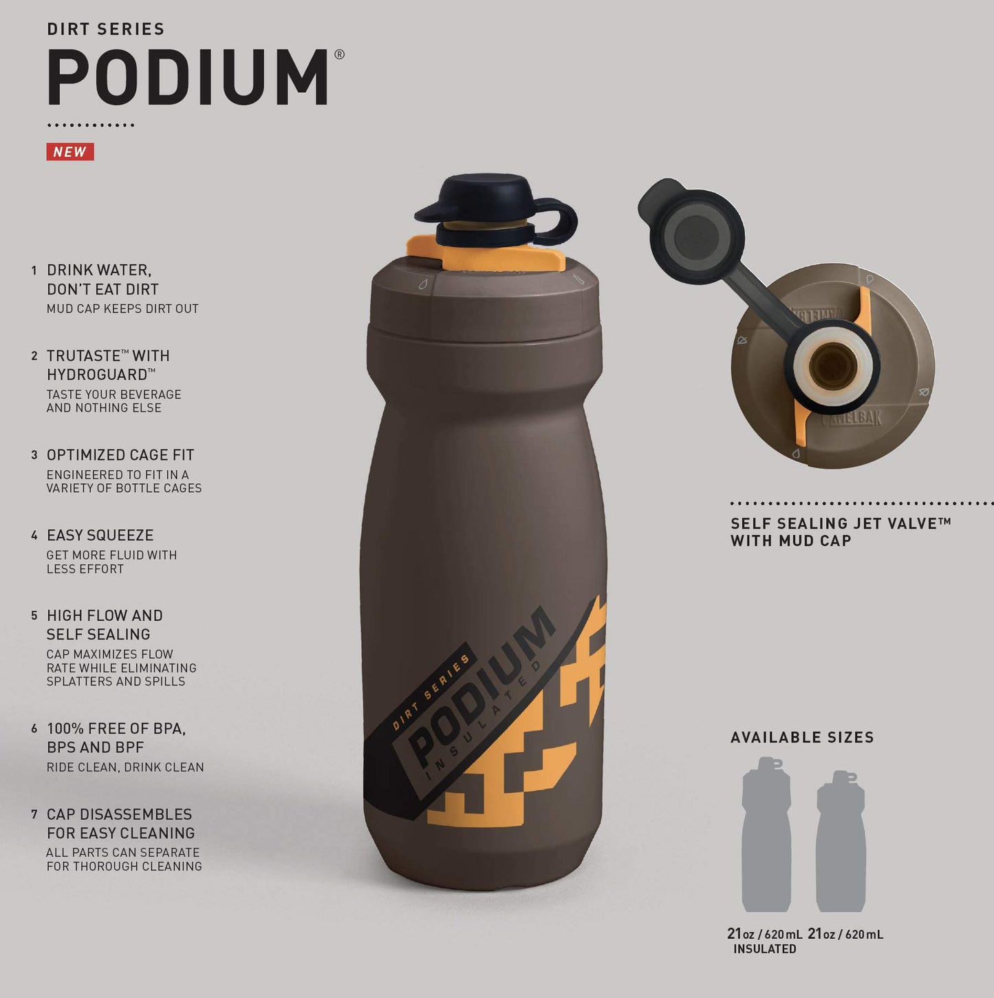 CamelBak Podium Dirt Series Chill Insulated Mountain Bike Squeeze Water Bottle Black, 21oz
