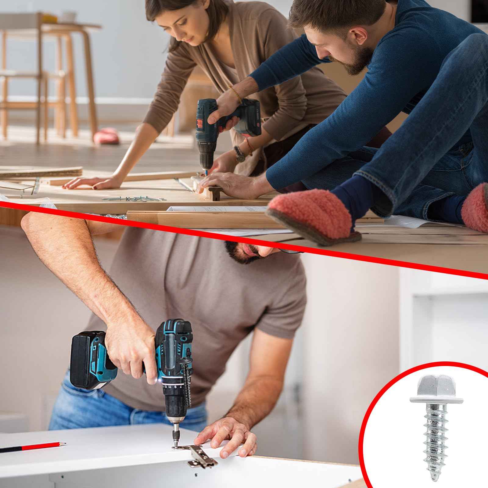 BOPOWO 300 Pcs #8x1/2 Self-Tapping Gutter Screws White Painted Slotted Hex Washer Head #8x1/2 Zinc Plated Finish, Includes 1/4" Magnetic Hex Driver – for Gutter Install