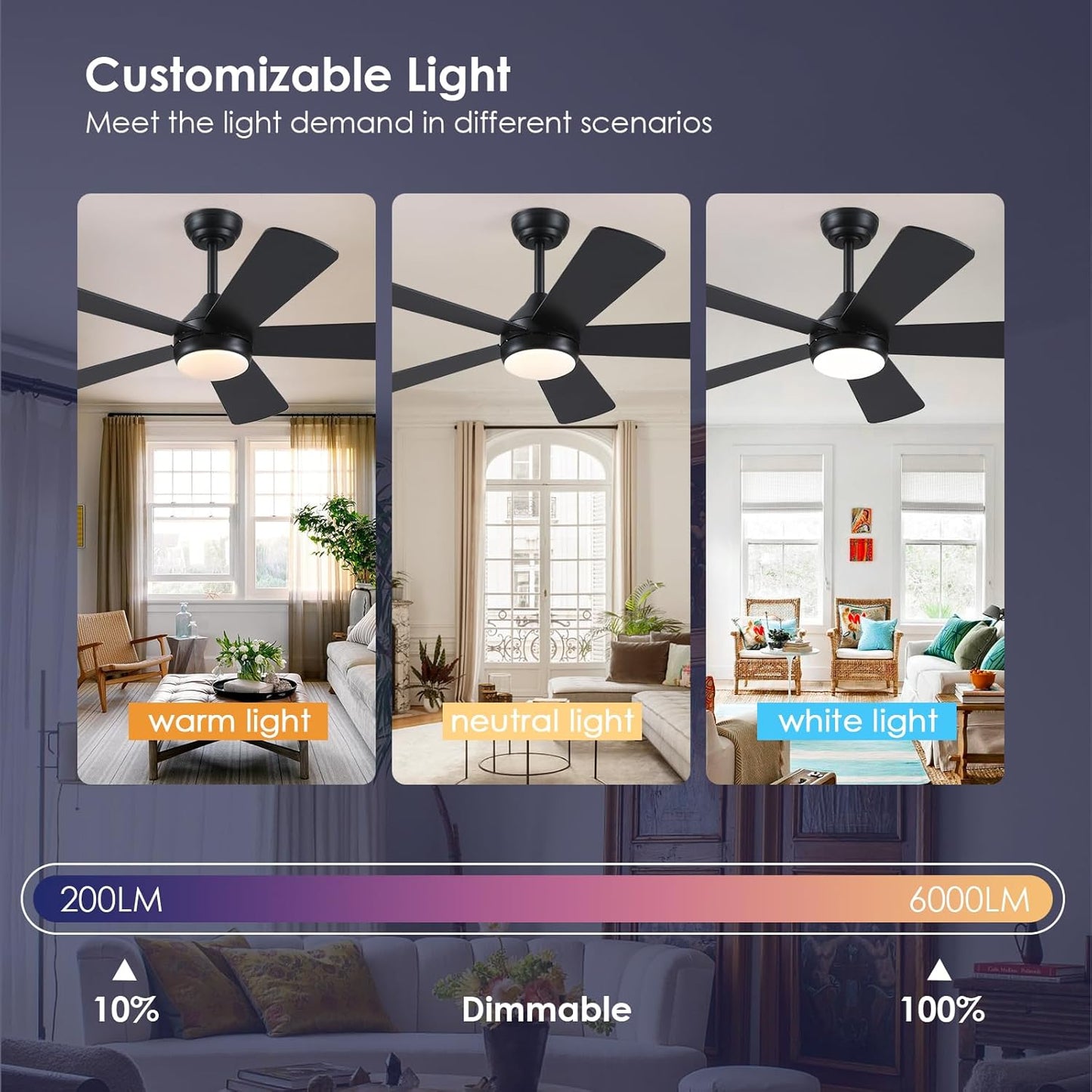 46” Black Low Profile Ceiling Fan with Lights & Remote Control - Dimmable, Noiseless, Reversible for Bedroom