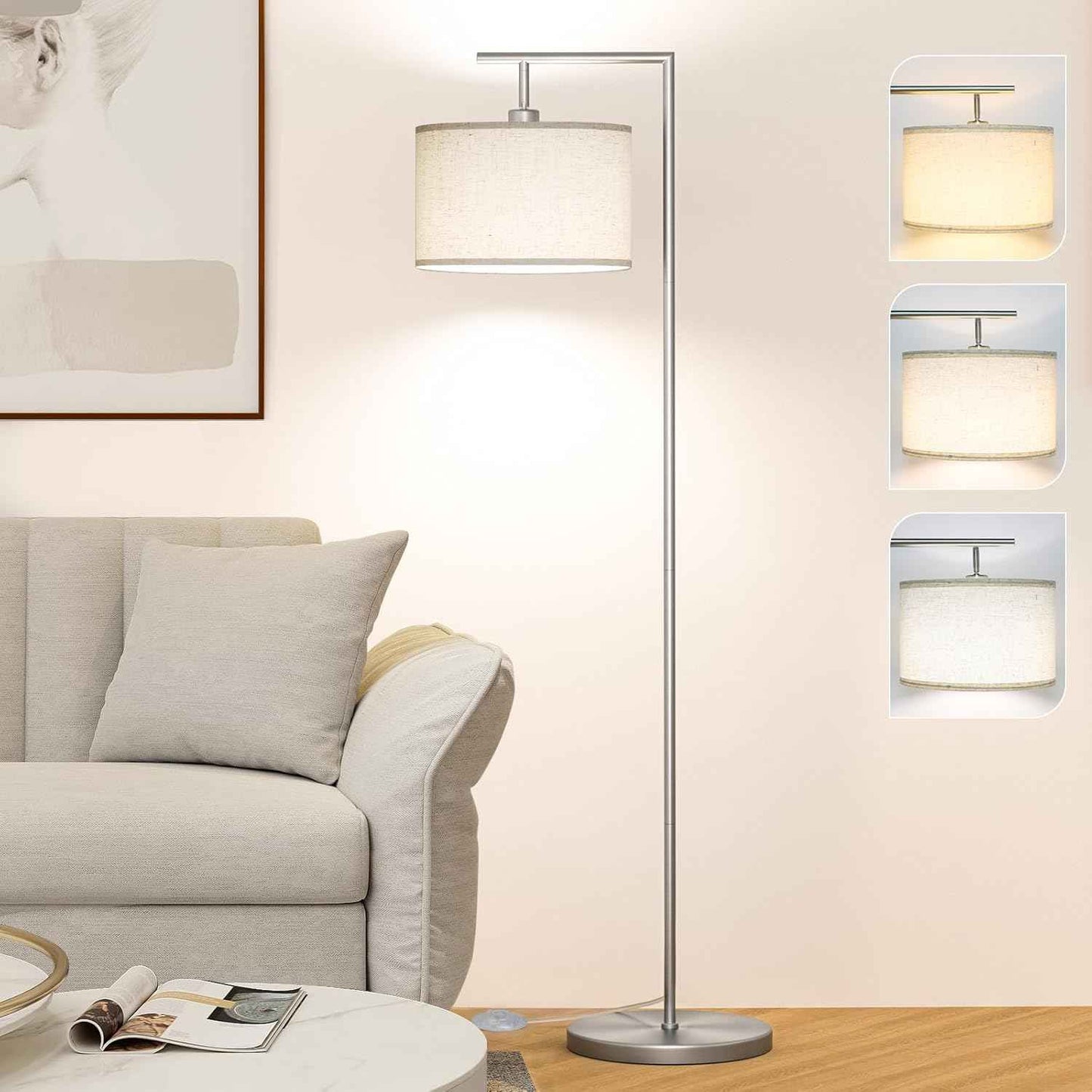Adjustable Black Floor Lamp for Living Room - 3 Color Temperatures & Beige Linen Shade
