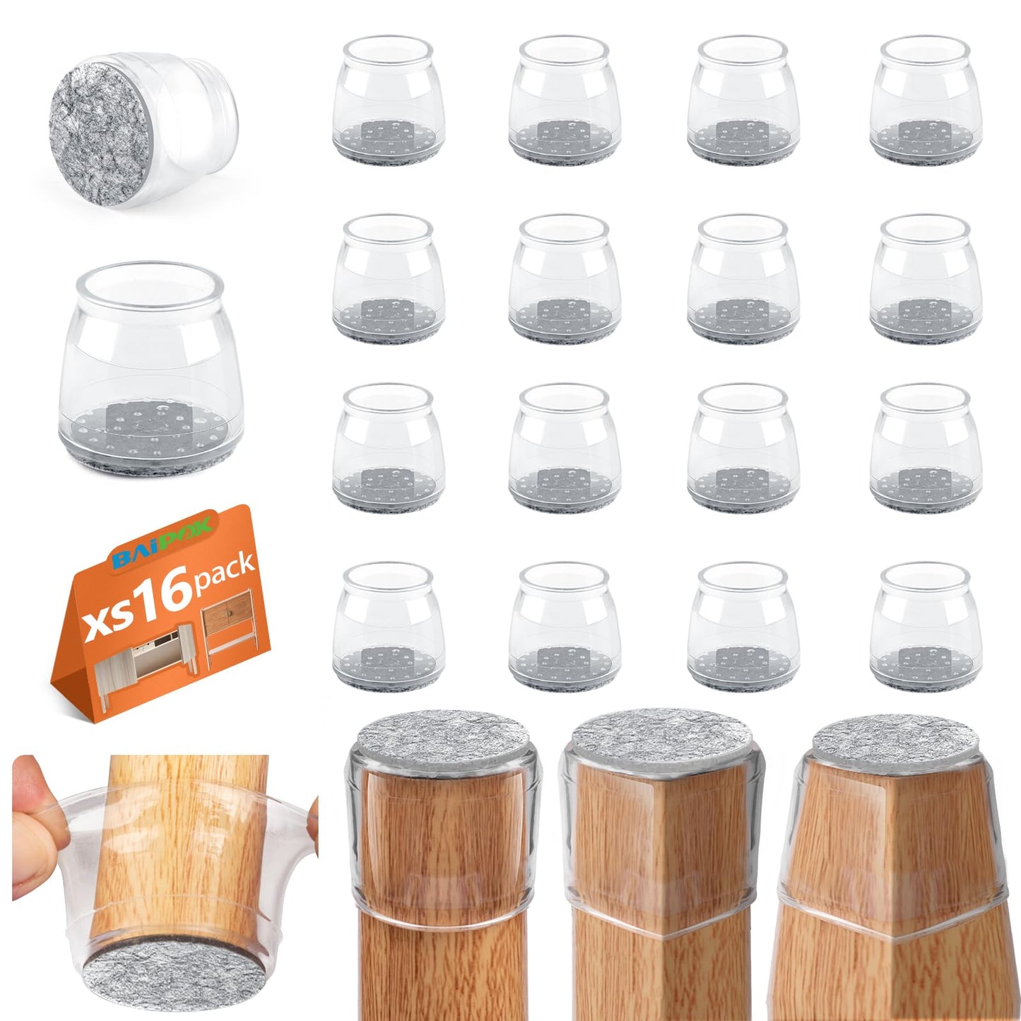 16pcs Round Chair Leg Floor Protectors, Felt Pads Chair Leg Protectors for Hardwood Floors, Silicone Chair Leg Cups Covers Felt Pads, Prevents Scratches & Reduce Noise, Clear, X-Small