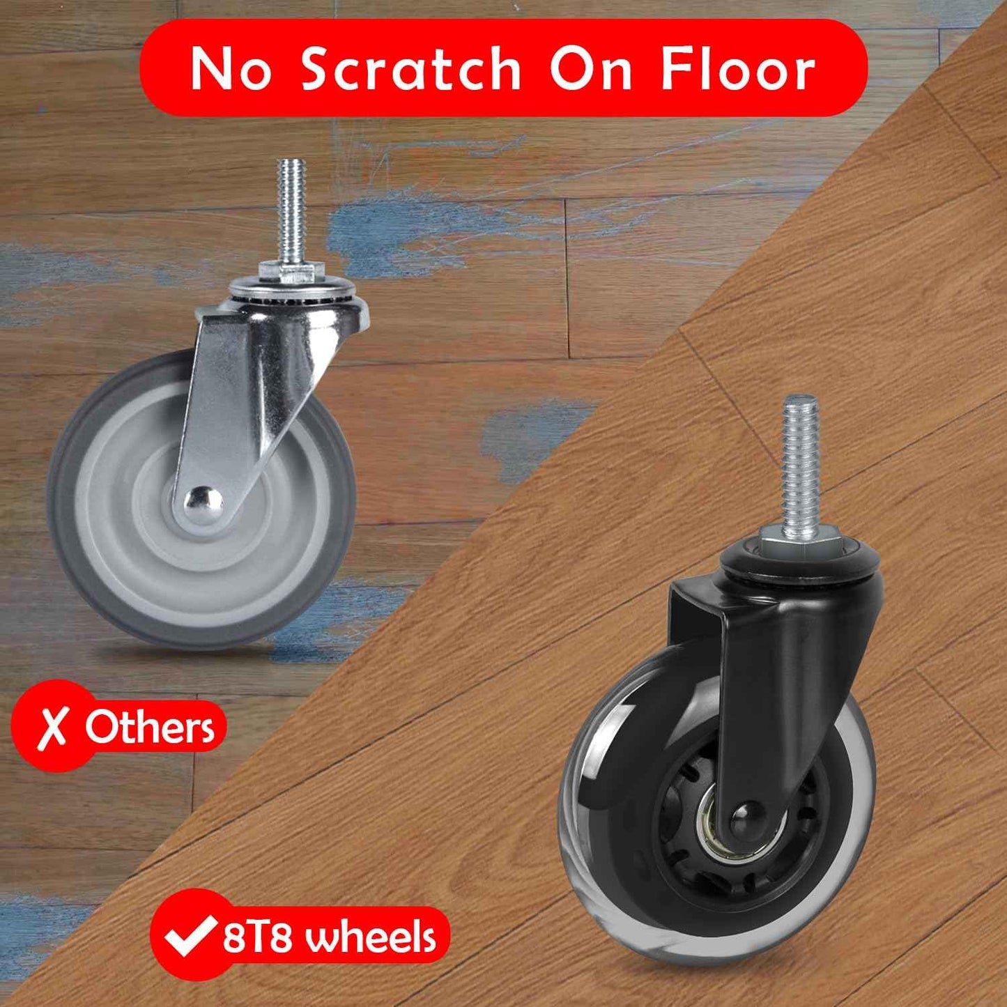 8T8 3" Rubber Caster Wheels Heavy Duty with 3/8"-16 x 1-1/2" Threaded Stem Casters Set of 4 (Screw Diameter 3/8", Length 1.5"), Quiet and Smooth Rolling Castors for Furniture Hardwood Floors