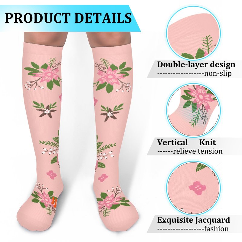 30-40mmHg Medical Graduated Compression Socks for Women&Men Circulation-Compression Stockings-Knee High Socks for Support,Hiking,Running(2 Pack Navy Pink Flowers,S-M)