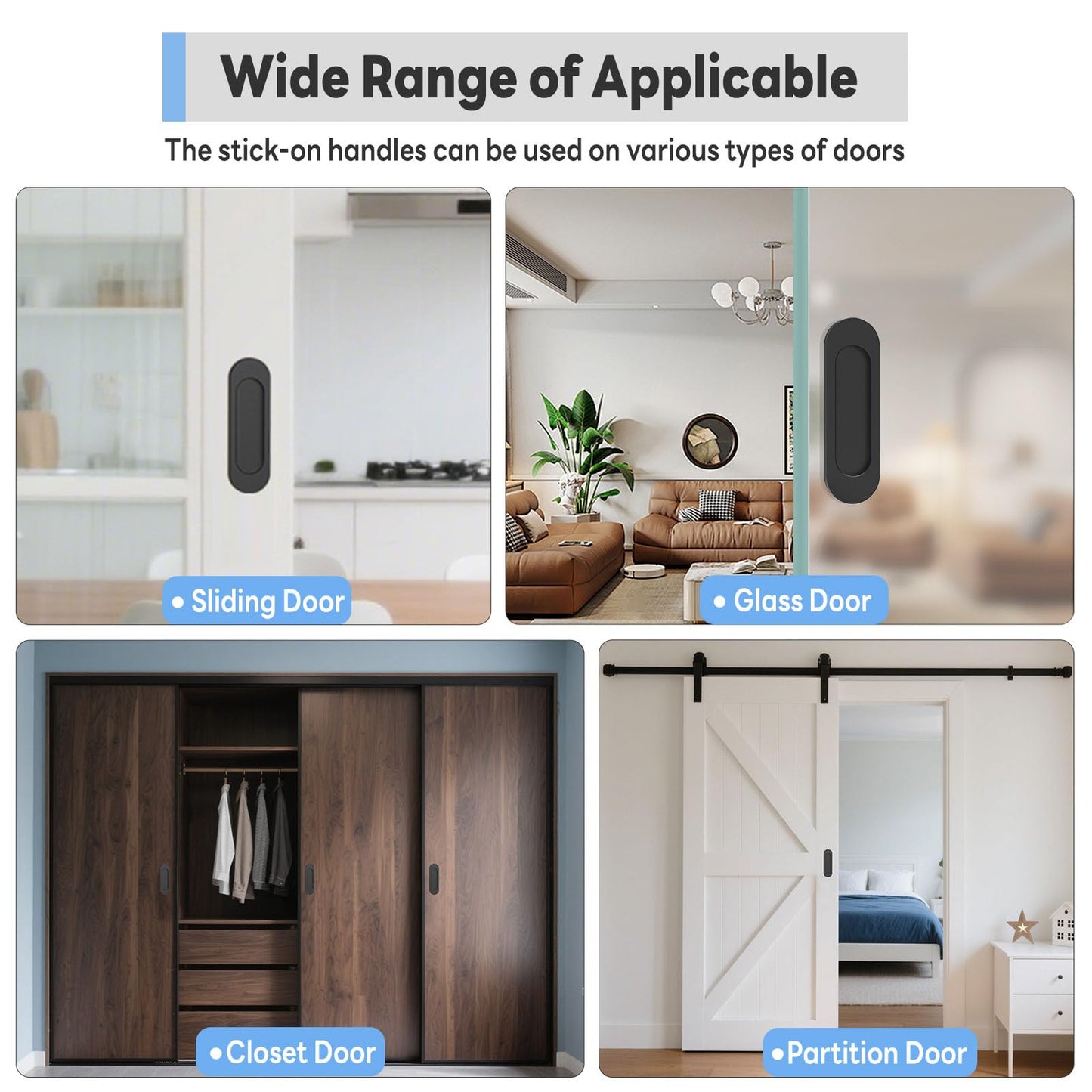 YogePote 2 Pack Self Stick Sliding Door Handles, Aluminum Alloy 4 Inch Self Adhesive Cabinet Knobs for Push-Pull Glass Barn Doors, Closets, Wardrobes, Windows (2, Black)