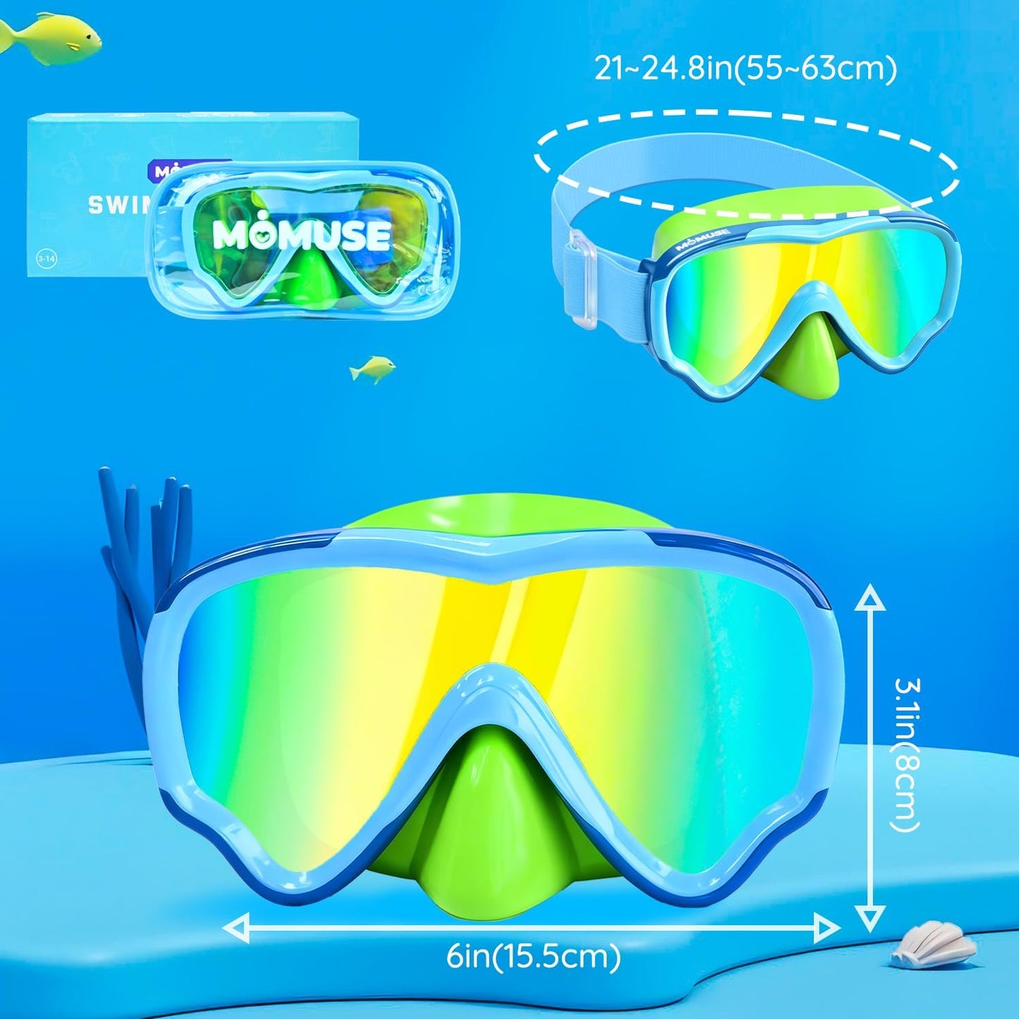 MOMUSE Kids Swim Goggles - Soft Fabric Strap, 3D No-Leak Design & UV Protection for Ages 3-14