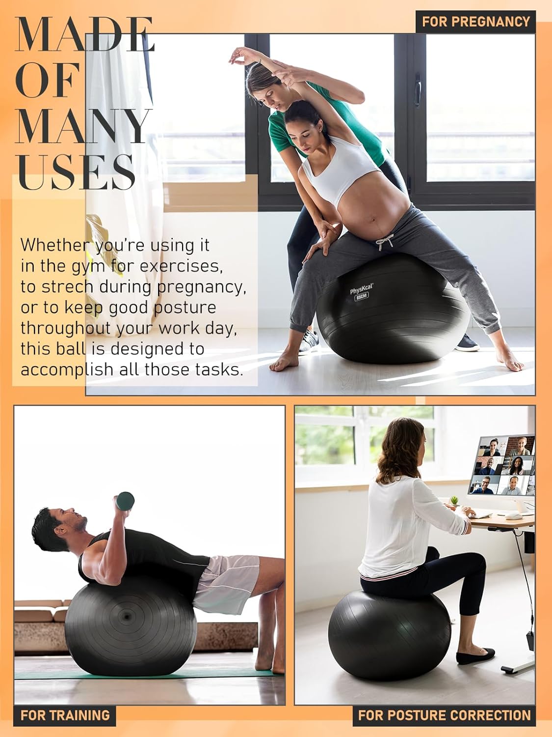 PhysKcal Yoga Ball | Fitness Exercise & Pilates Ball Set - 4 Sizes for Workout, Pregnancy & Therapy