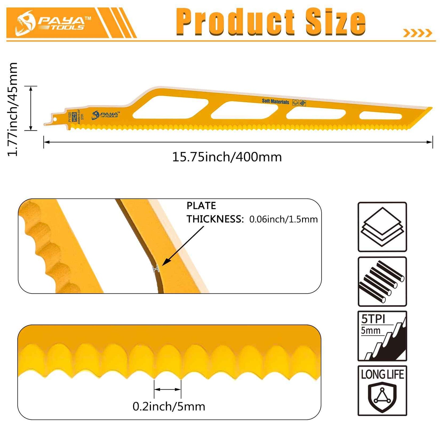PAYA TOOLS 1x PRO Fibre Insulation Reciprocating Saw Blade,Professional Accessory Reciprocating Saw for Mineral Wool,Insulated Pipe and Other Soft Materials,16''(400mm)