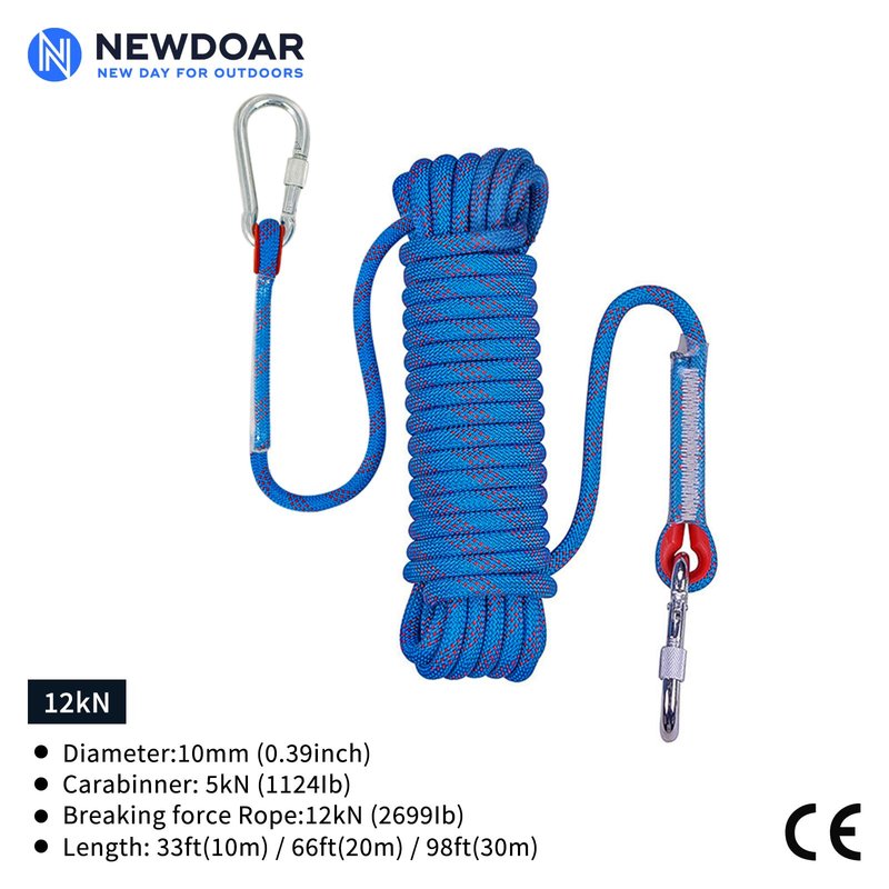 NewDoar Climbing Rope 8(5/16in),10mm (3/8in), High Strength Accessory Cord Rope with 2 Steel Hooks, for Outdoor Rescue Rappelling Rope Down Cliffs ledges Safety Escape Tow Strap Equipment(Blue)