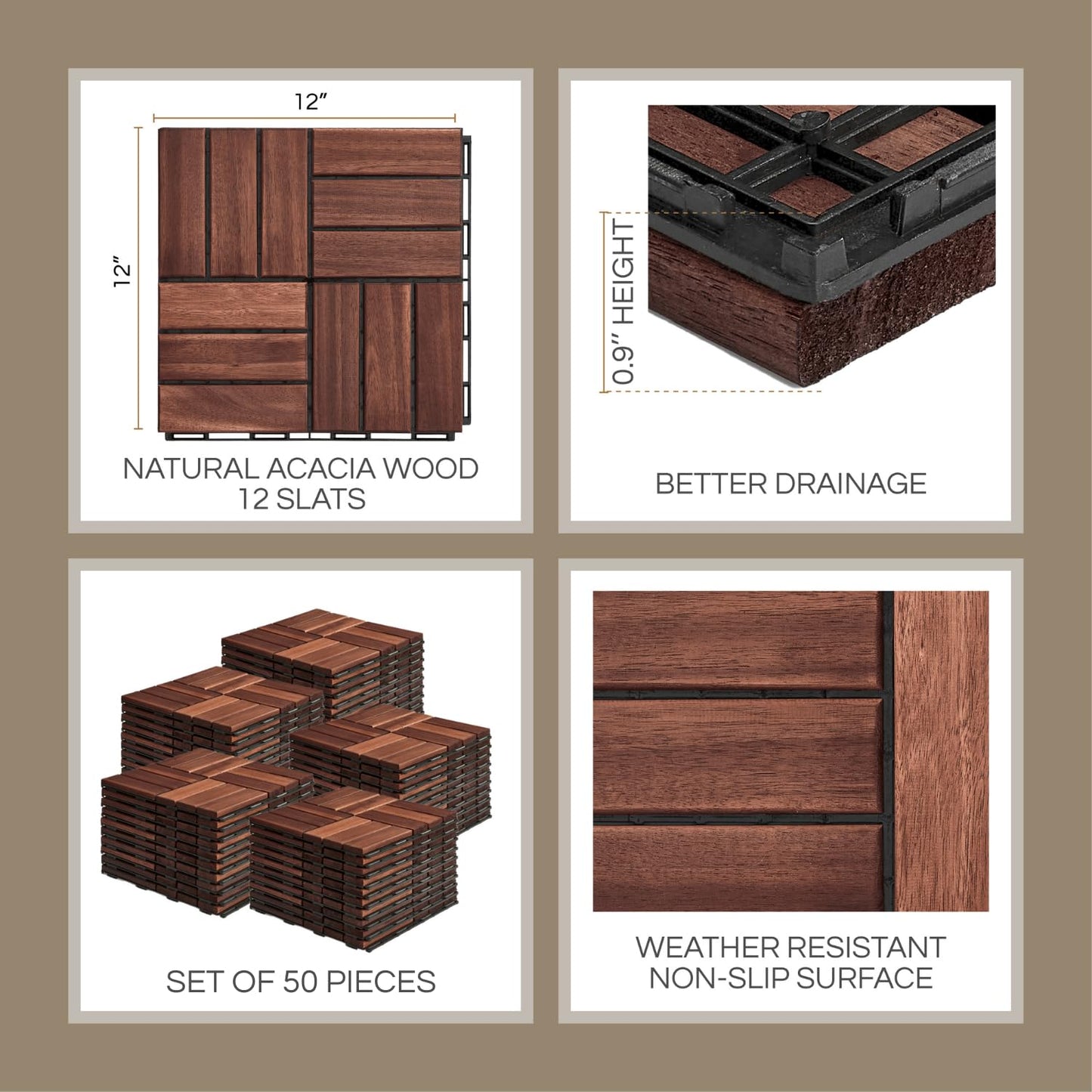 Outdoor Waterproof Acacia Wood Deck Tiles - 10 Pcs Patio Flooring for All Weather Use