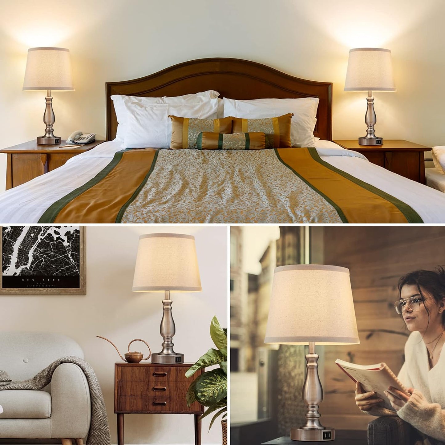 Touch Bedside Table Lamps Set of 2 with USB C+A Ports - 3-Way Dimmable Linen Shade