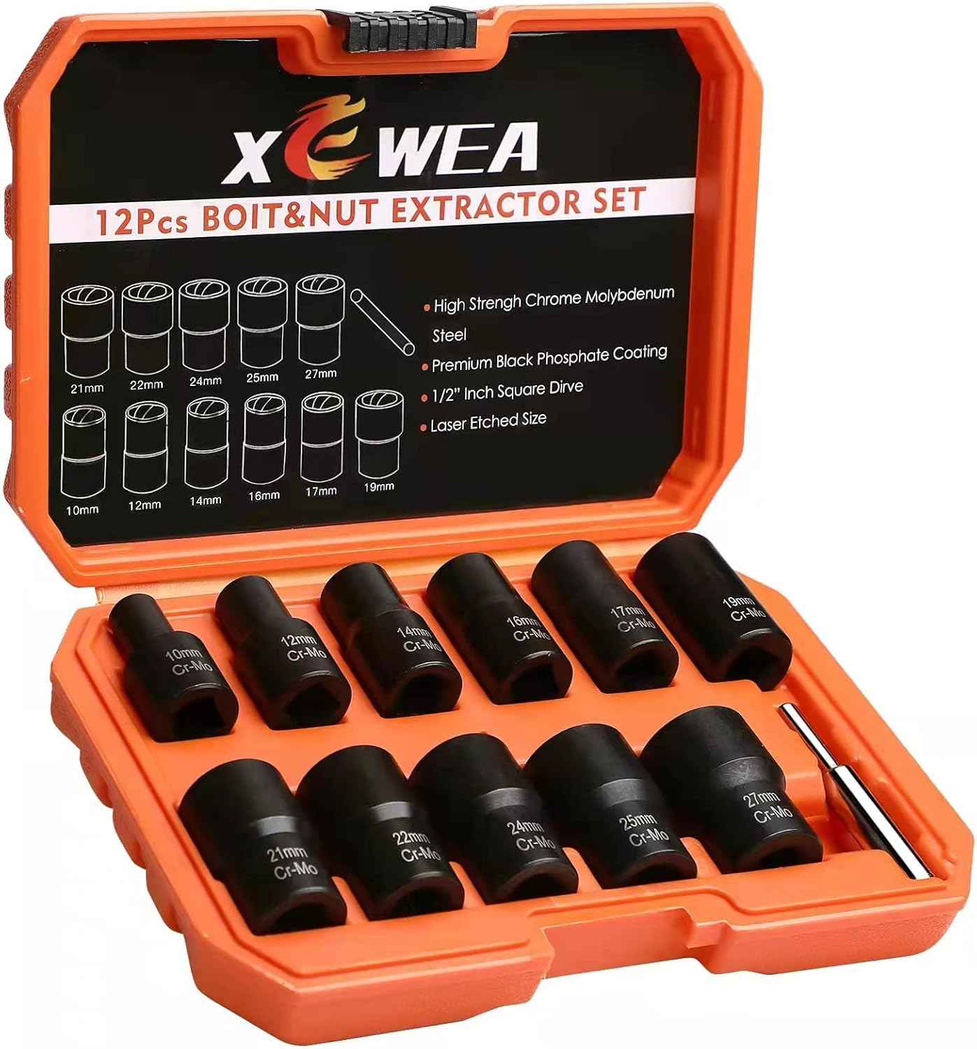 15PCS Lug Nut Removal Tool Set - Easy Out Twist Socket Extractor for Damaged & Rusted Bolts