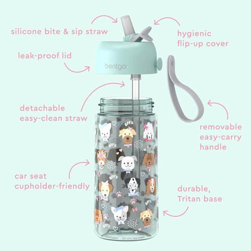 Bentgo Kids Water Bottle - Leak-Proof, Durable Tritan BPA-Free 15 oz Cup for Kids/Toddlers Ages 3+; Bite & Sip Spout, Carrying Handle & Dishwasher Safe for School, Sports, Daycare & Camp (Puppy Love)