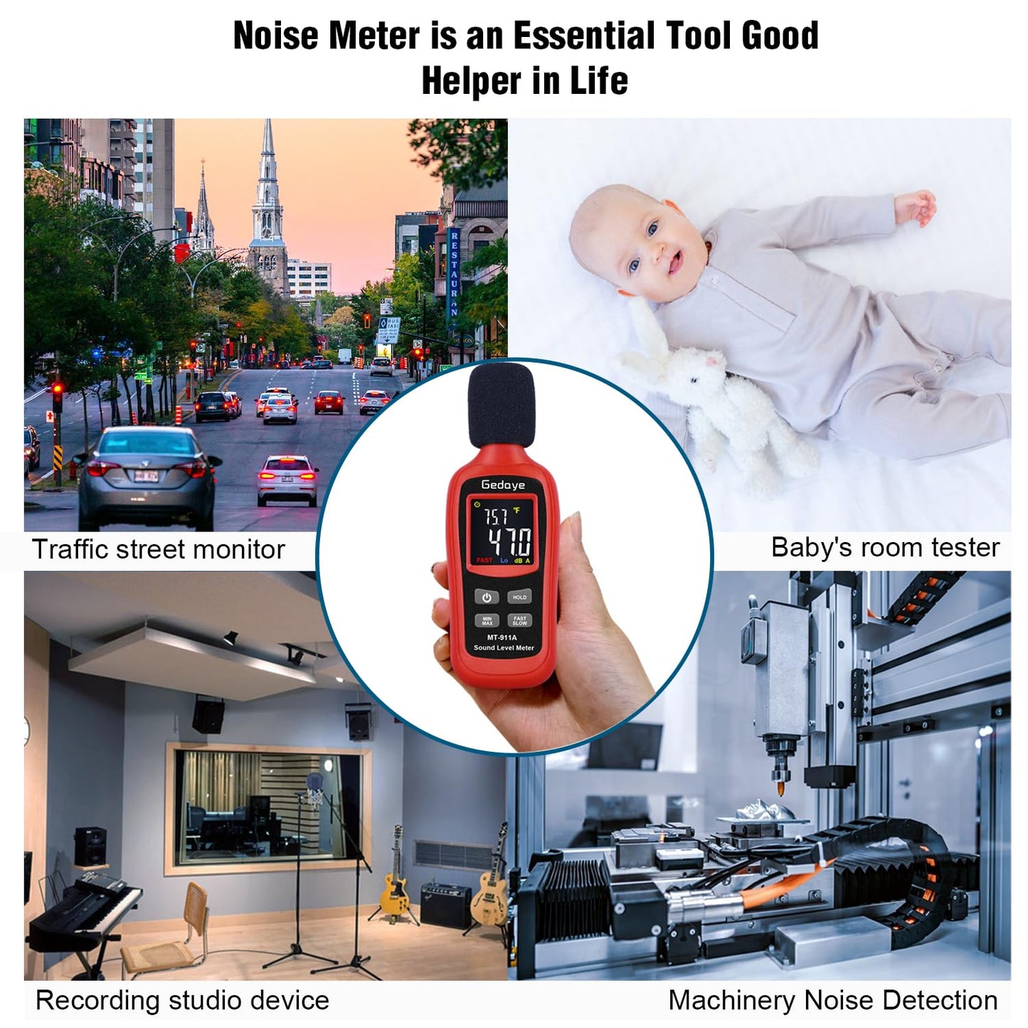 Noise Decibel Meter, Gedaye Sound Level Meter Range 35-135dBA, SPL Meter with A Weighted, Data Hold Max/Min, Fast/Slow, Color LCD Backlit Display, Noise Detector dB reader Monitor Audio Measure Device