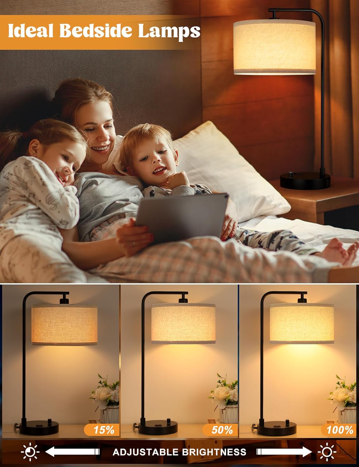 Dimmable Tall Table Lamp with USB Port & Outlet - Linen Shade Bedside Desk Lamp for Bedroom, Living Room, Home Office