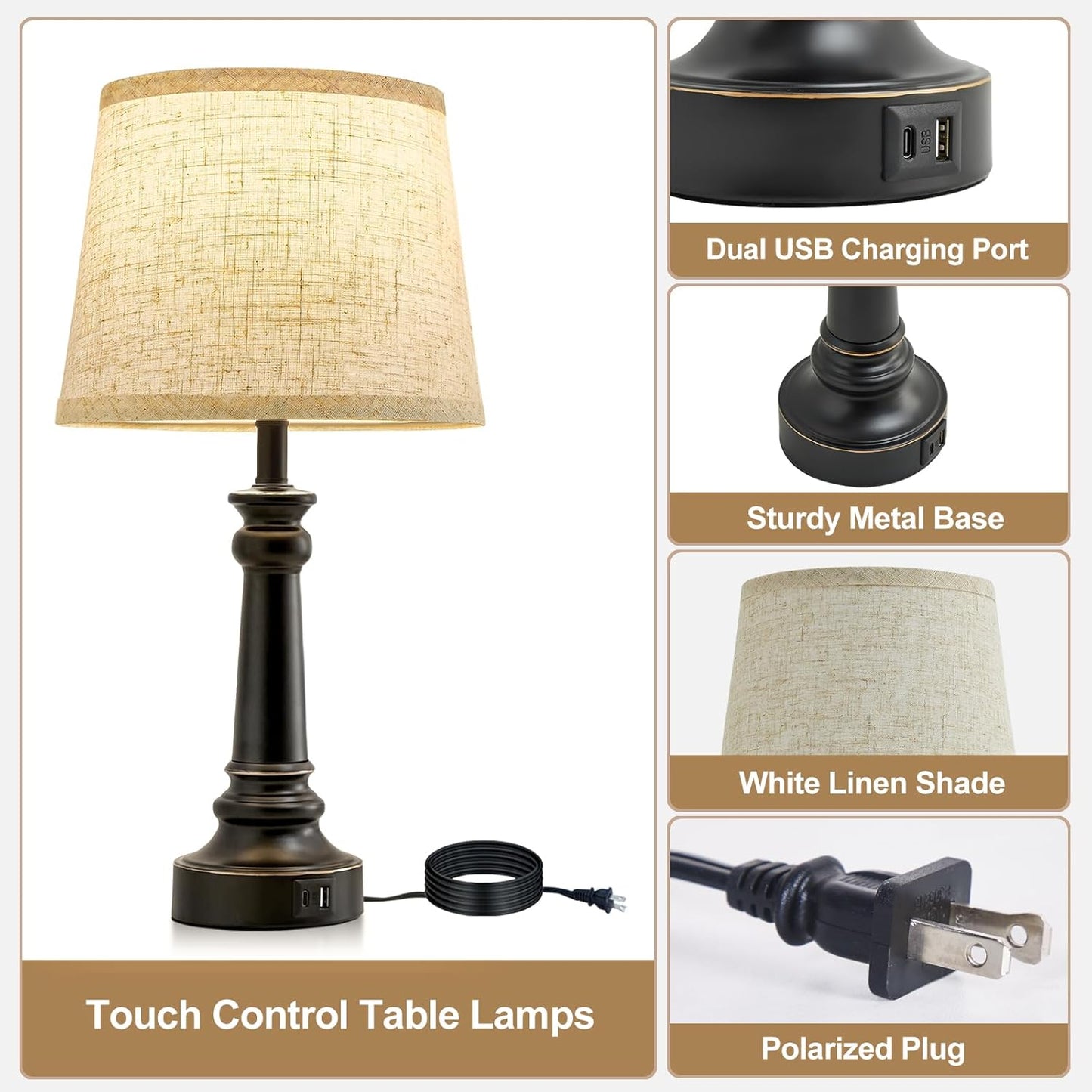Touch Bedside Table Lamps Set of 2 with USB C+A Ports - 3-Way Dimmable Linen Shade