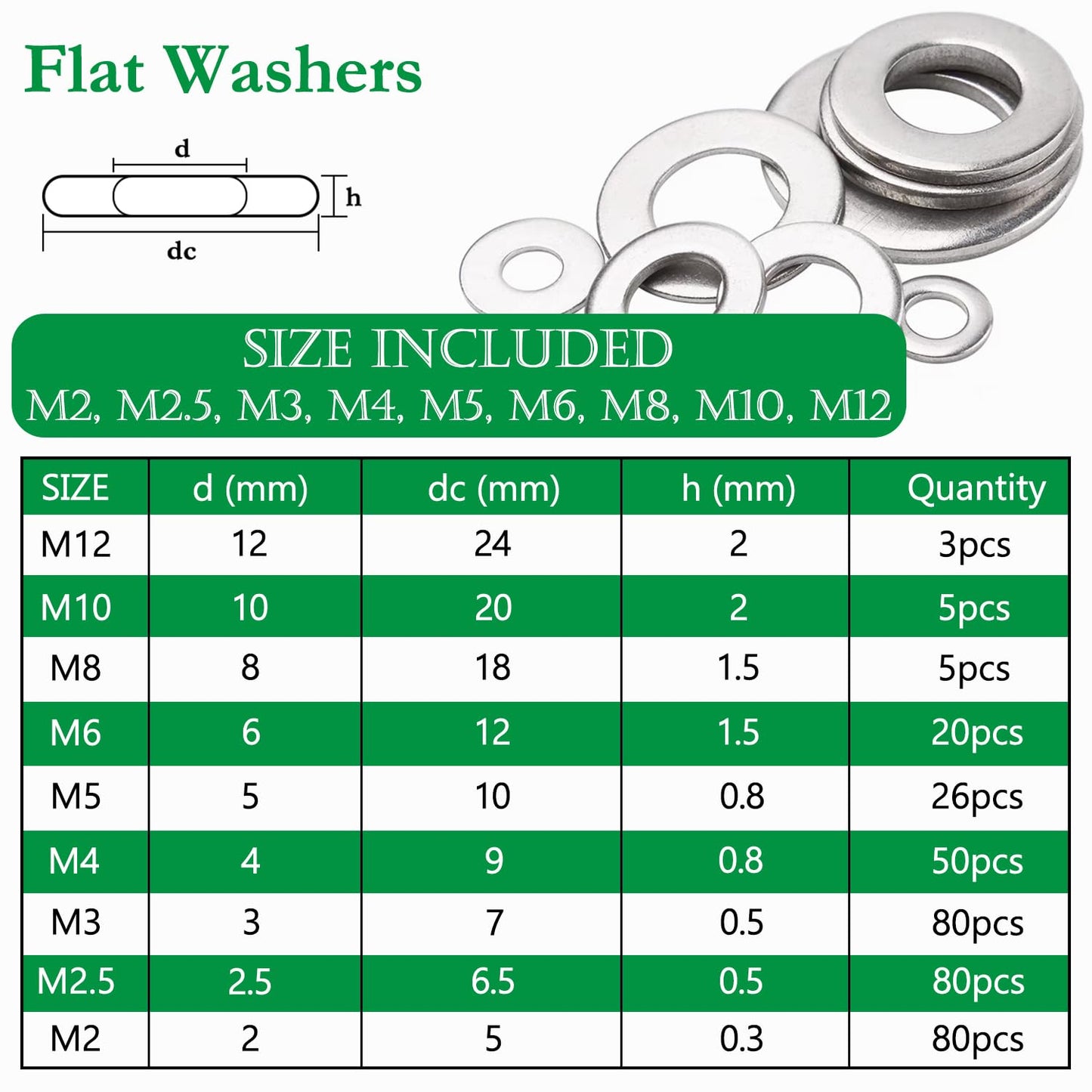 Aienxn 1000PCS Spring Lock Washers Assortment Kit, 9 Metric Sizes -M2, M2.5, M3, M4, M5, M6, M8, M10, M12, 304 Stainless Steel Washers for Bolts Screws, Split Lock Washer Set
