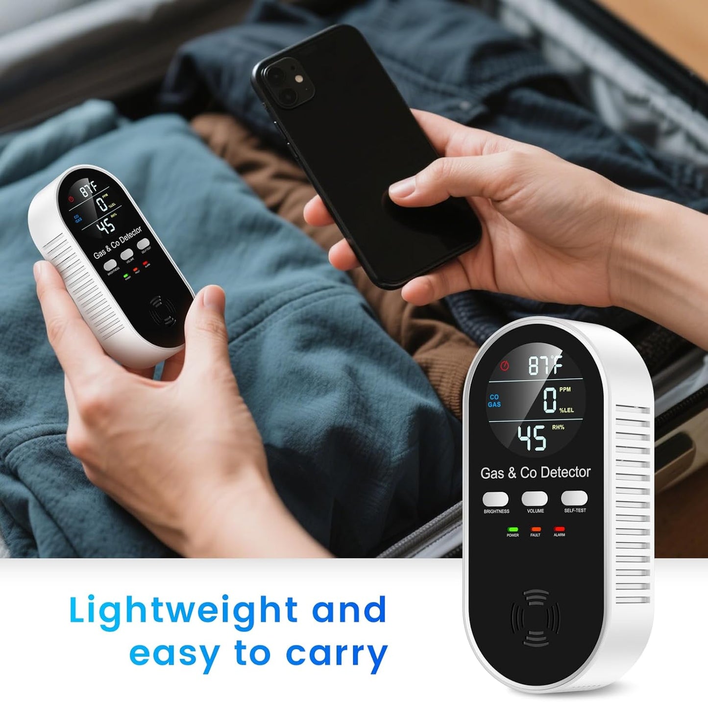 5-in-1 Carbon Monoxide & Natural Gas Detector with Temperature & Humidity Sensor - Battery Backup, LED Display, Sound & Light Alerts for Home & Hotel