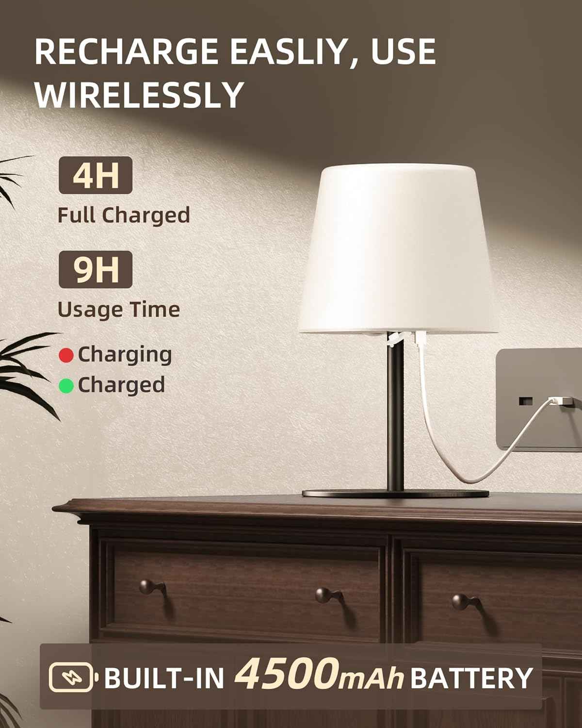 EZVALO Waterproof Cordless Table Lamp - Dimmable LED Night Light for Outdoor & Indoor Use