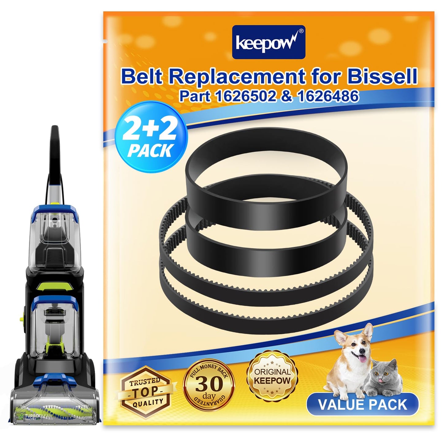 KEEPOW Replacement Belts Set for Bissell 3071 PowerForce PowerBrush Pet XL and TurboClean DualPro Pet 3072, 3067, 30673, 3109 Carpet Cleaner, Parts 1626502 & 1626486 (2+2 Pack)
