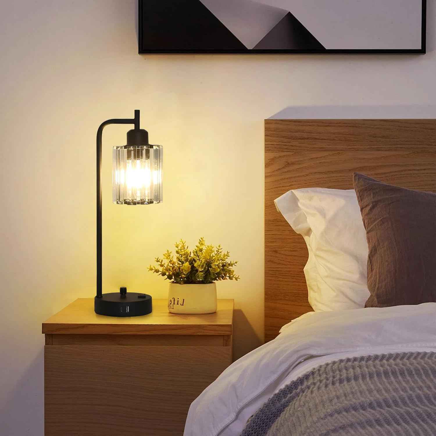 Modern Gold Crystal Table Lamps Set of 2 with LED Bulbs & USB Port - Elegant Bedside Lighting