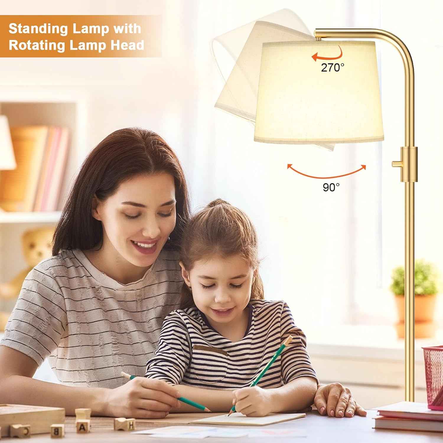 Modern Dimmable Floor Lamp with 9W LED Bulbs - Stylish Standing Light for Living Room & Bedroom (Gold & White)
