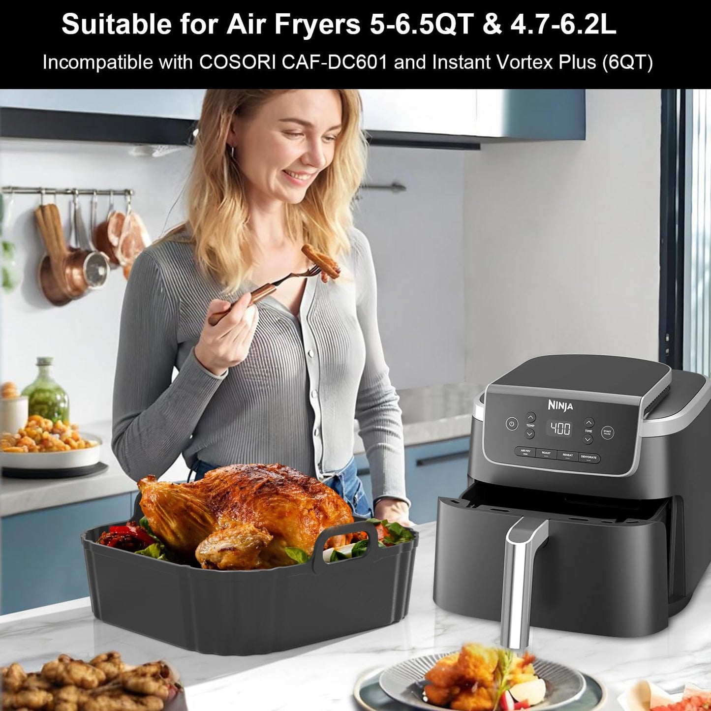 Square Silicone Air Fryer Liners 2 Pack, Compatible with Ninja AF141 181, 8.5 Inch Air Fryer Liners for COSORI 5-6.5 QT, Reusable Silicone Basket, Air Fryer Accessories